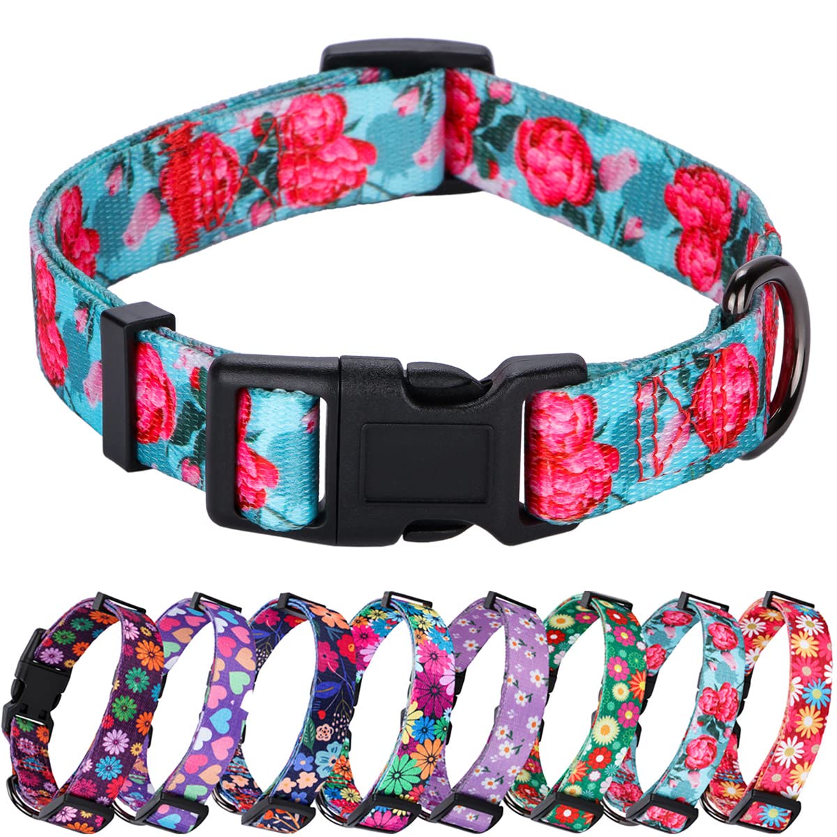 Rhea Rose Girl Dog Collars Summer Floral Rose Print, Female Flower Collar, Turquoise, Large