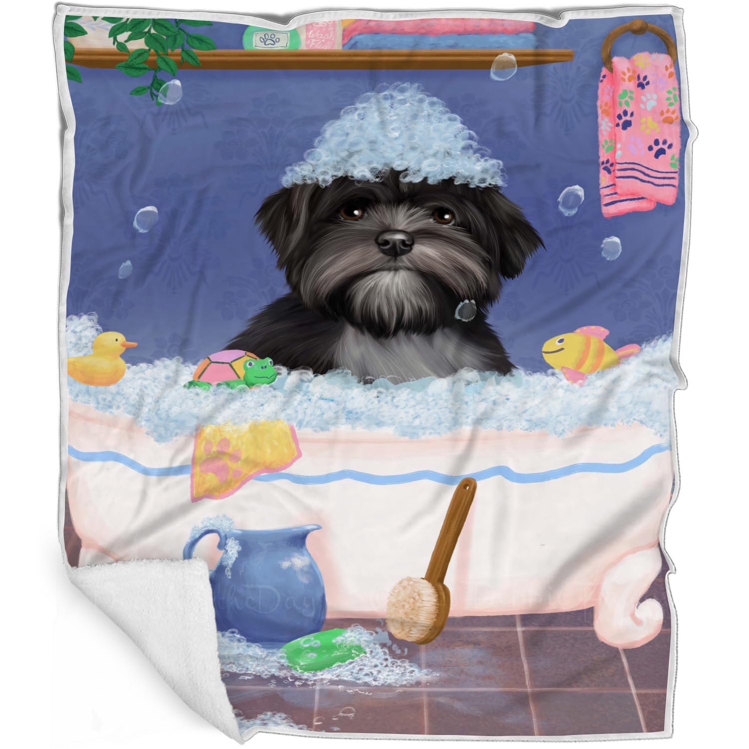 Rub A Dub Dog in A Tub Lhasa Apso Dog Blanket  Lightweight Soft Cozy and Durable Bed Blanket  Animal Theme Fuzzy Blanket for S