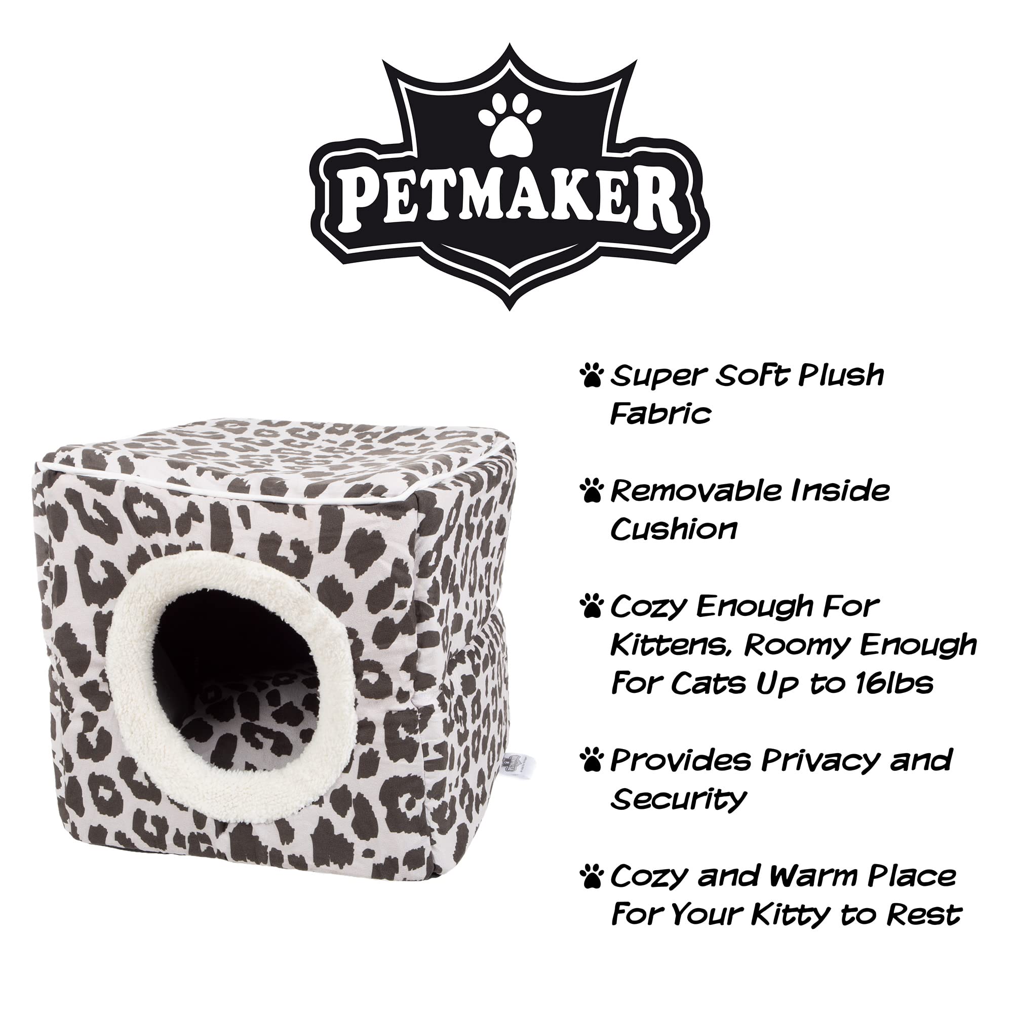 Cat Pet Bed Cave- Indoor Enclosed Covered Cavern/House For Cats Kittens And Small Pets With Removable Cushion Pad By Petmaker, Gray/Black Animal Print 13X12X12