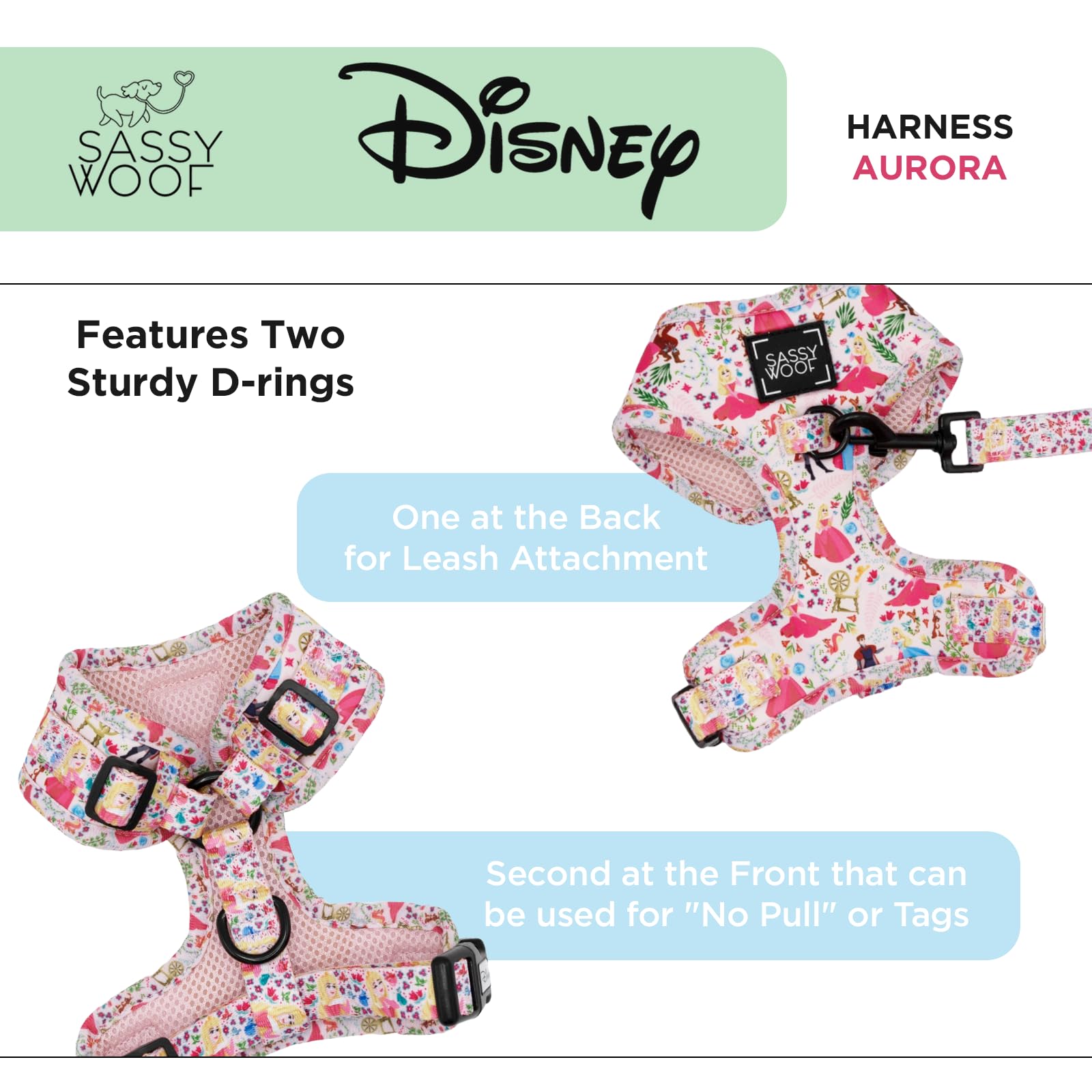 Sassy Woof Dog Adjustable Harness - Disney Princess Sleeping Beauty Aurora - L, Breathable Mesh, No Pull Design With Two D-Rings