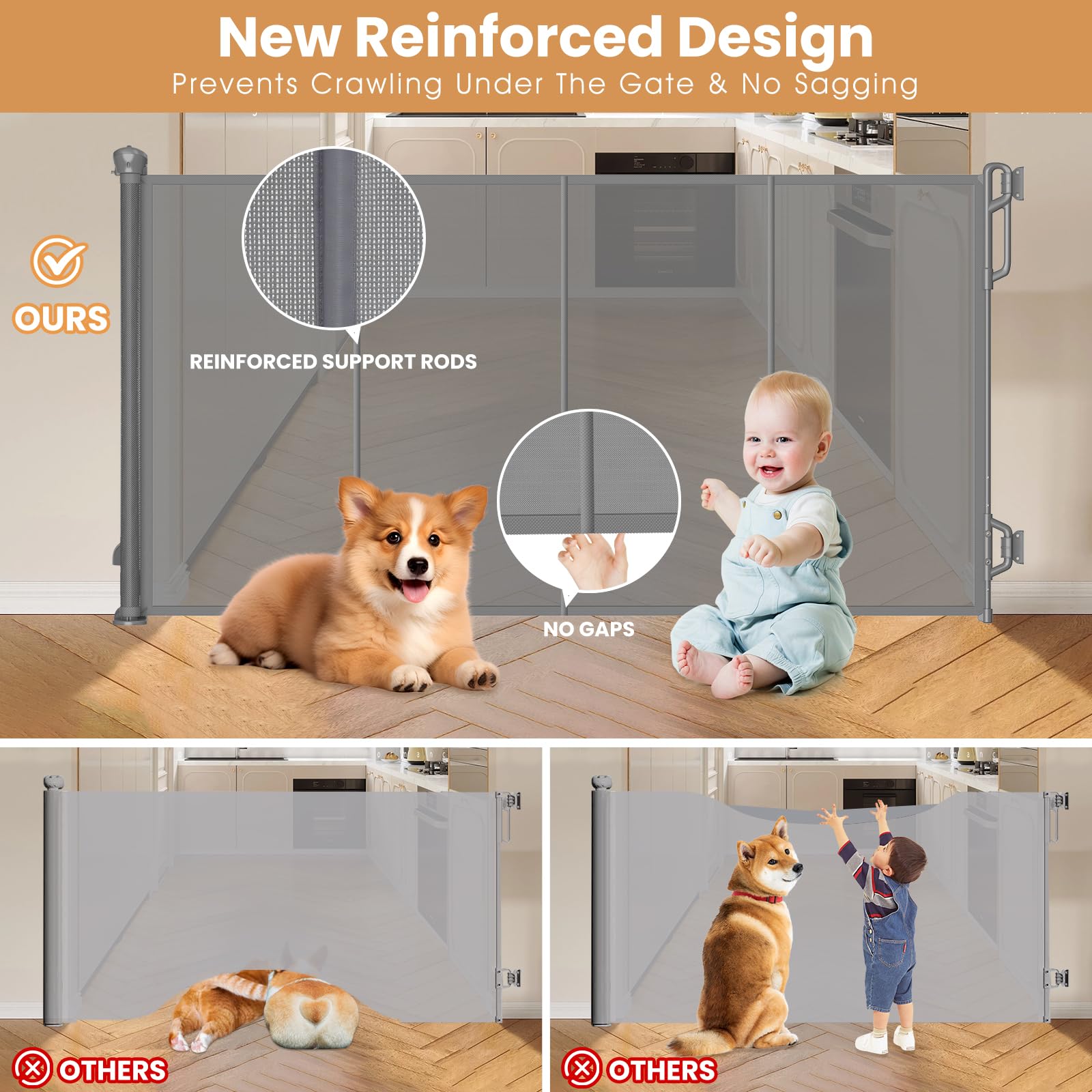 SPACEANY Baby Gate - Reinforced Retractable Safety Gate for Doorways & Stairs, 33.5" Tall, 55" Wide, Gray, Model BG01