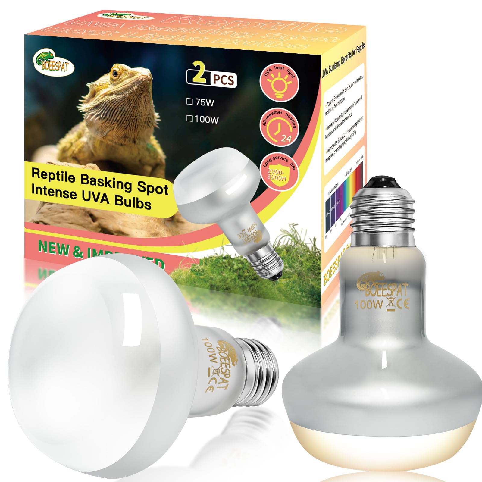 BOEESPAT Intense 100W UVA Spotlight Heat Lamp Bulbs for Reptile Basking and Terrariums - Ideal for Desert-Dwelling Reptiles Like