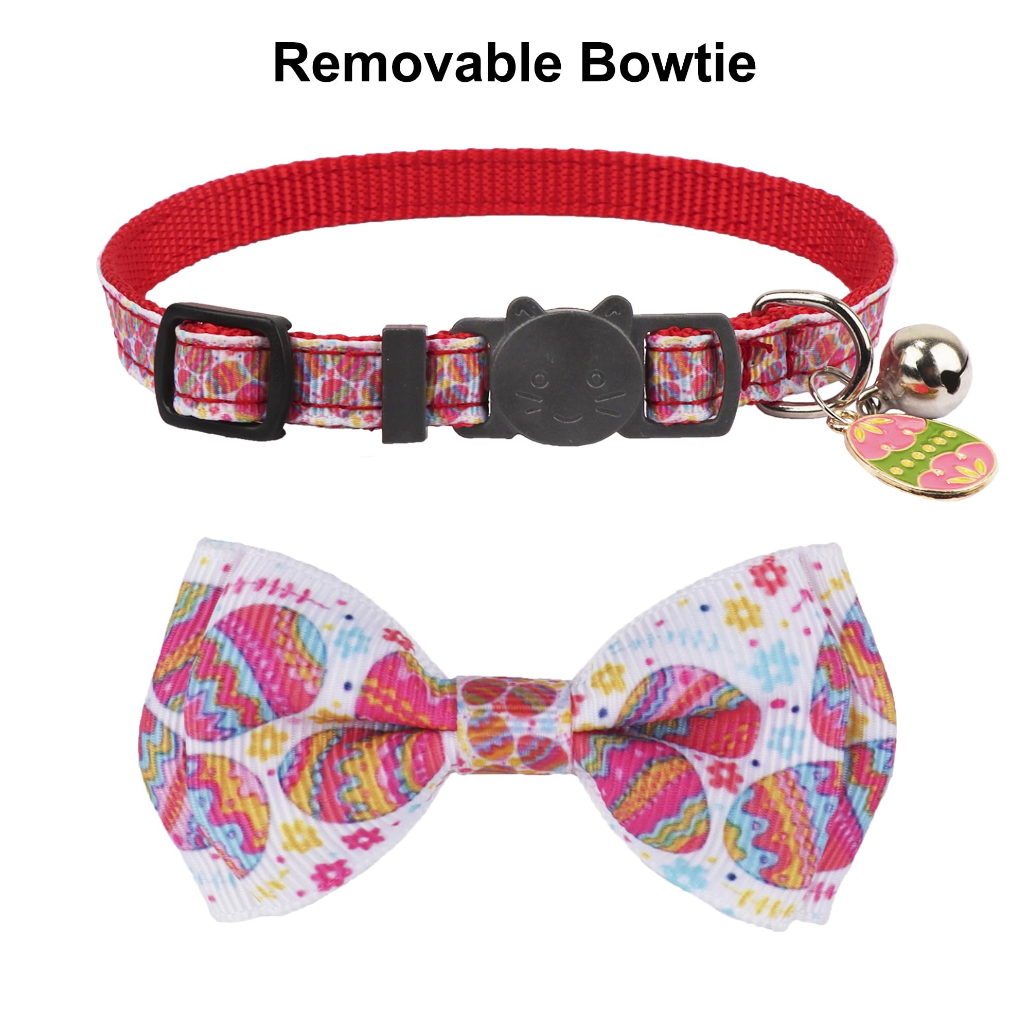 Adoggygo Easter Cat Collars With Bow Bell, Breakaway Kitten Bowtie Collar Red Purple Eggs Rabbit Easter Collars For Girl Boy Cat