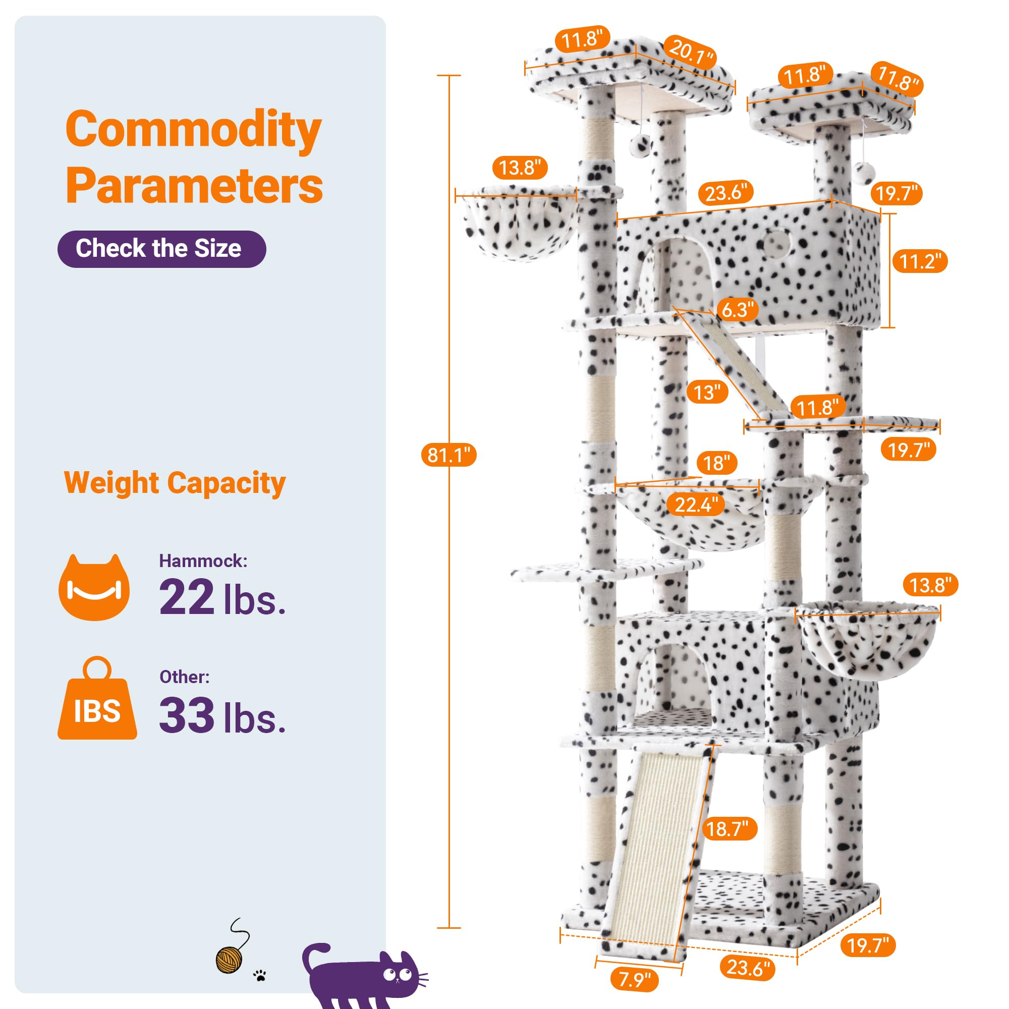 Allewie 81 Inches Tall Cat Tree/Multi-Level Large Climbing Tree House And Towers For Big Feline/Condo And Hammock/Scratching Pos