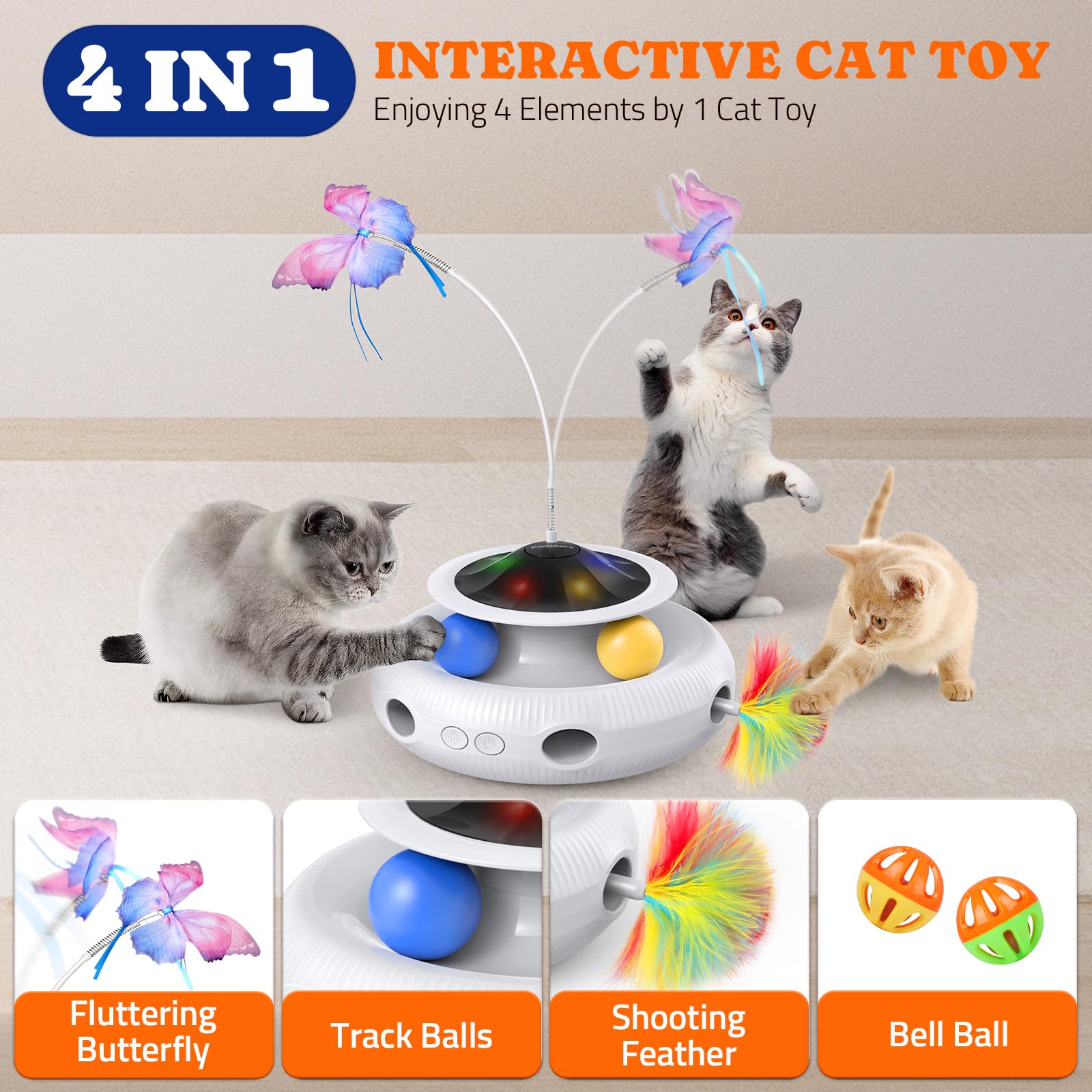 Pawtners Interactive Cat Toy: 4 In 1 Automatic Interactive Kitten Toys For Indoor Cats Rechargeable With Fluttering Butterfly, T