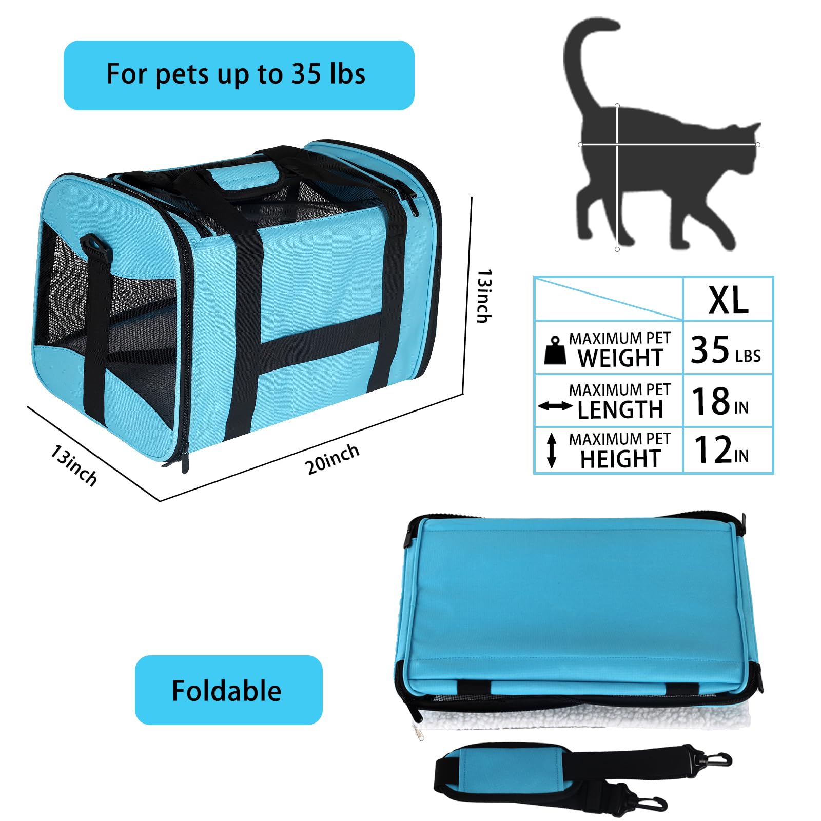 Cat Carrying Case - Pet Carrier Airline Approved, Protable And Breathable Pet Travel Carrier Removable Fleece Pad, Collapsible Cat Carrier Dog Carrier For Medium Cats Small Cats Dogs(X-Large, Blue)