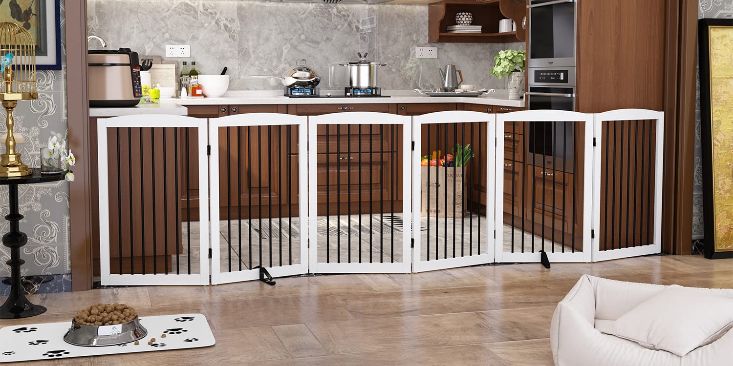 Pupetpo Freestanding Pet Gate For Dogs, Indoor Wooden Dog Gate For House, Extra Wide Dog Gate, Foldable Dog Gate For Stairs, Doorways, Halls, Support Feet Included, 120 Inch Wide, 6 Panels 32', White