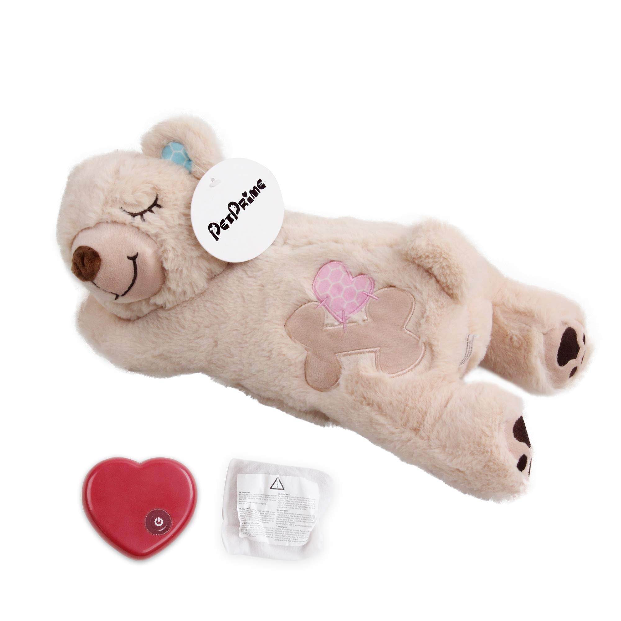 PetPrime Dog Plush Toy Heart Beat Puppy Plush Bear Toy with Warmer Bag Pet Soft Anxiety Puppy Relief Toy for Puppy Dogs Heart Be