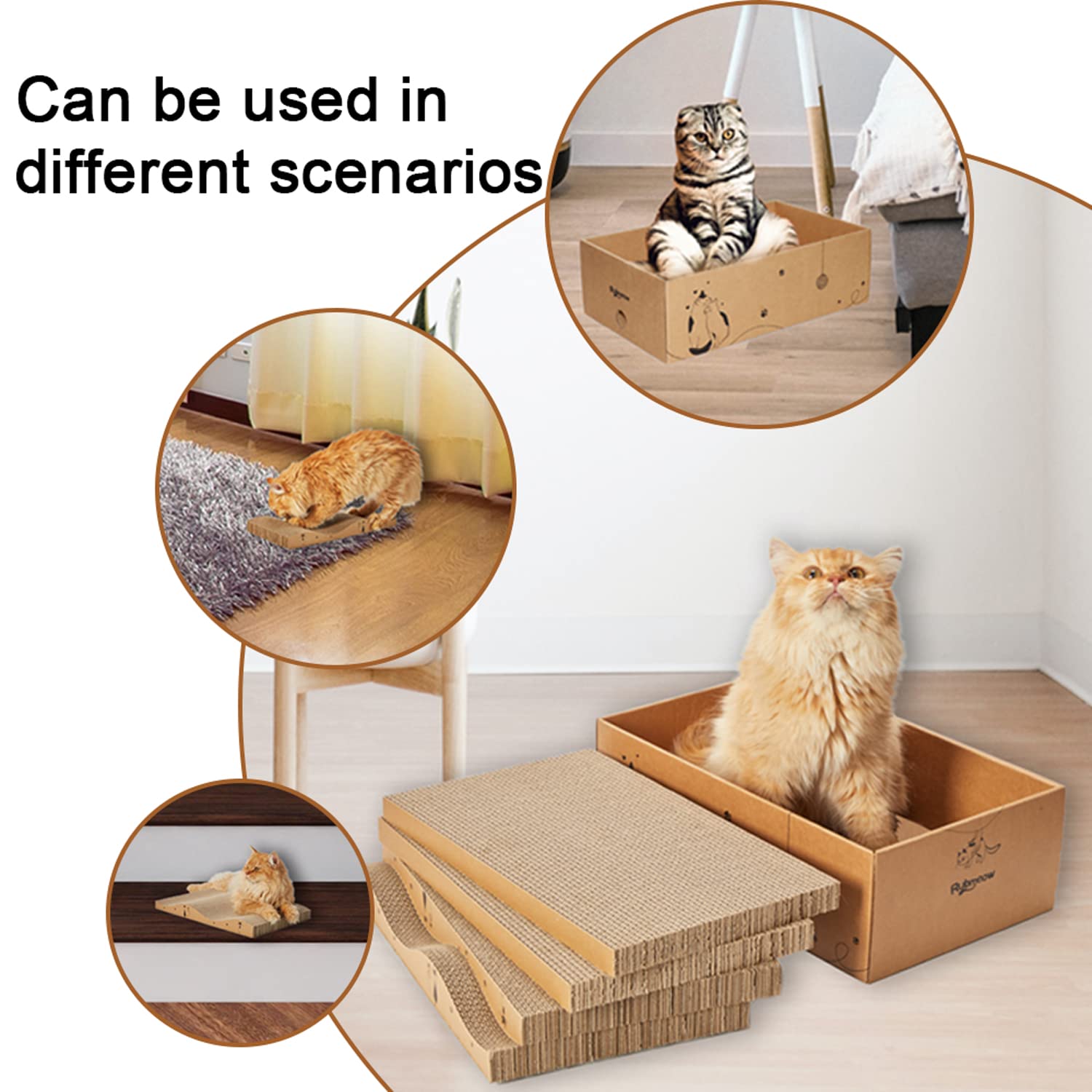 RUBMEOW Cardboard Cat Scratcher Pad - 4 Reversible Scratching Pads for Indoor Cats, Medium Size, Durable with Catnip