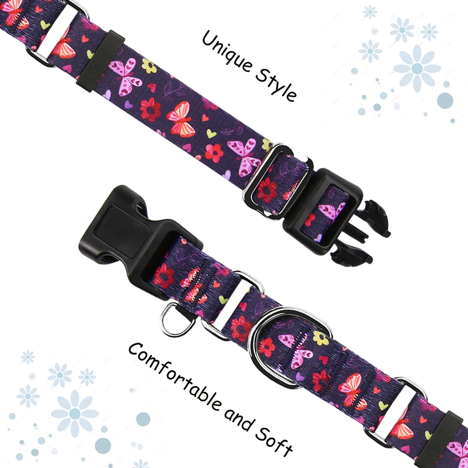 Fidohug Martingale Collar With Buckle Purple Nylon Adjustable Cute Girl Female Dog Collars (Butterfly Floral, Small)