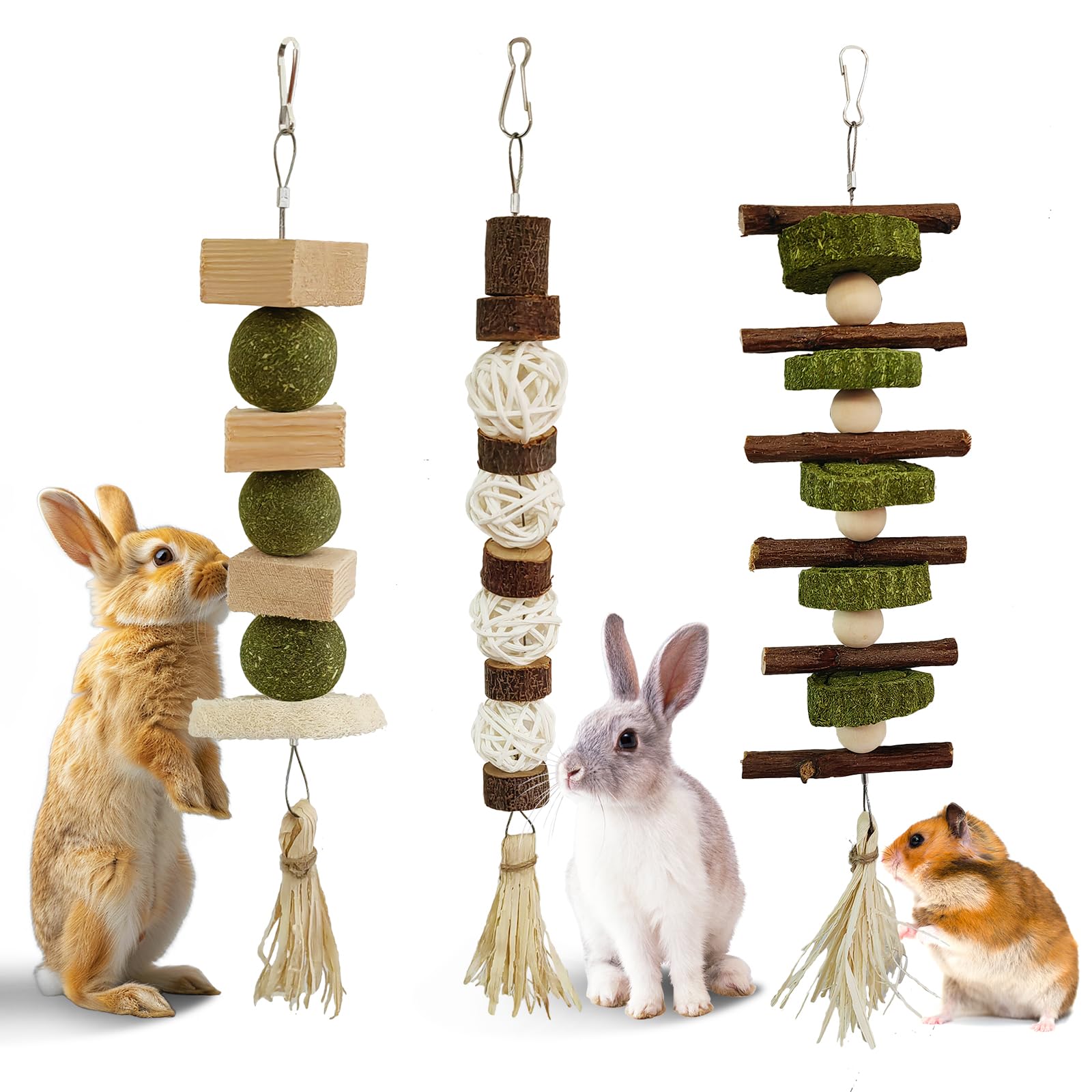 WDEFUN 3 PCS Bunny Chew Toys, Natural Hanging Rabbit Chew Toy Treats for Guinea Pigs Hamsters Gerbils Chinchilla and Other Small