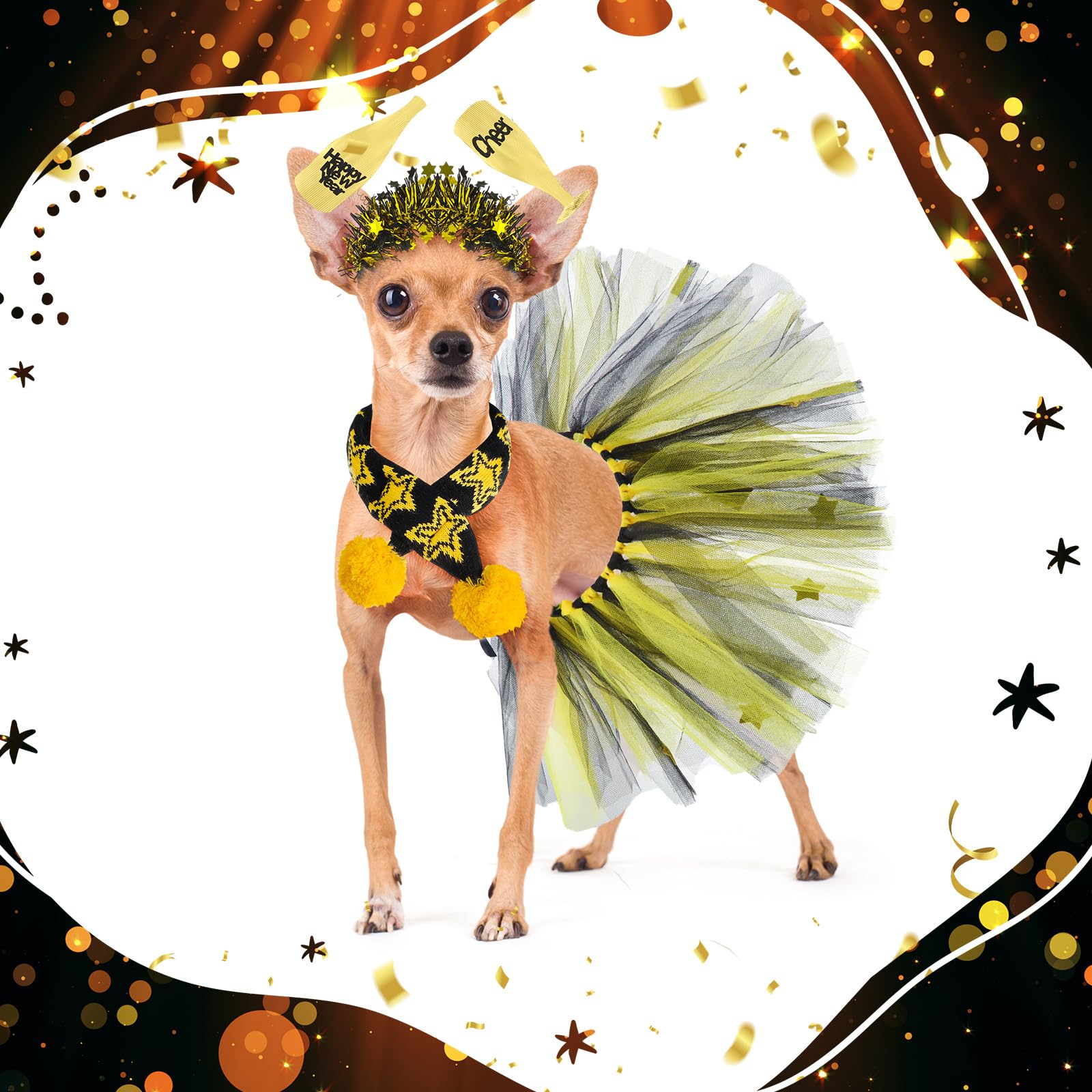 Siltriangle 3 Pcs New Year Dog Costume Set Including Wine Glass Headband Happy New Year Dog Tutu Dress Cute Pet Tutu Gold And Bl