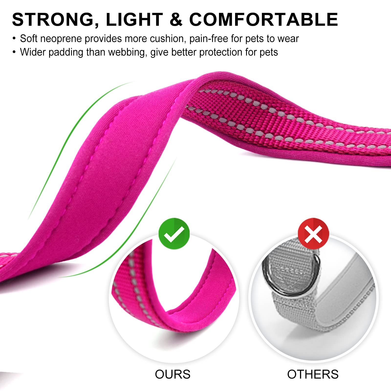 Azuza Reflective Dog Collar,Soft Neoprene Padded Pet Collar With Id Tag Ring,Adjustable For Large Dogs,Hot Pink,L