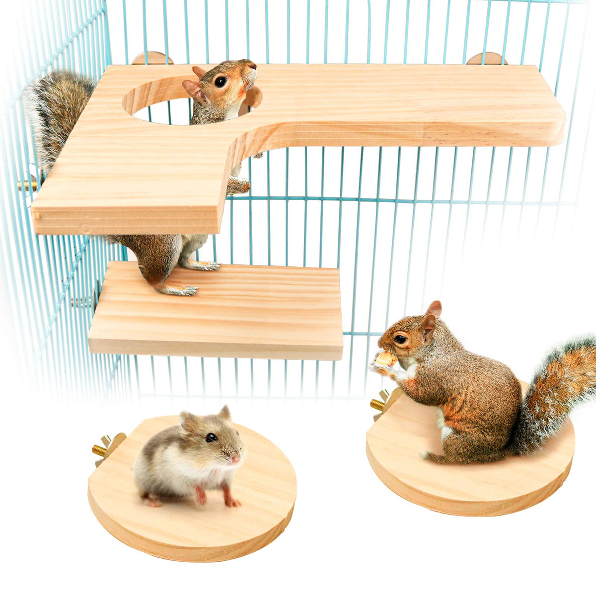 Roundler Squirrel Gerbil Chinchilla And Dwarf Hamster L-Shaped Round Hole Wooden Platform, Birds Parrots Activity Playground (St