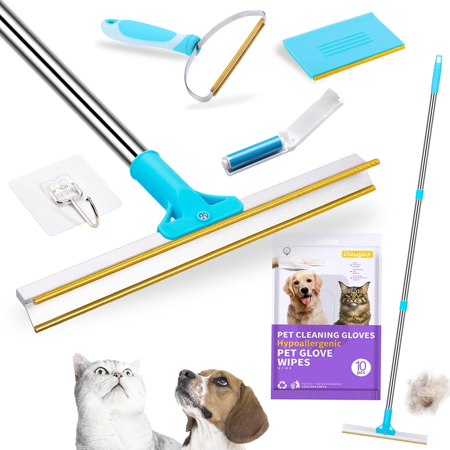 Carpet Rake For Pet Hair Removal | 5-Piece Set With 10 Disposable Cleaning Gloves, Long & Short Handles, Lint Rollers & Scraper 