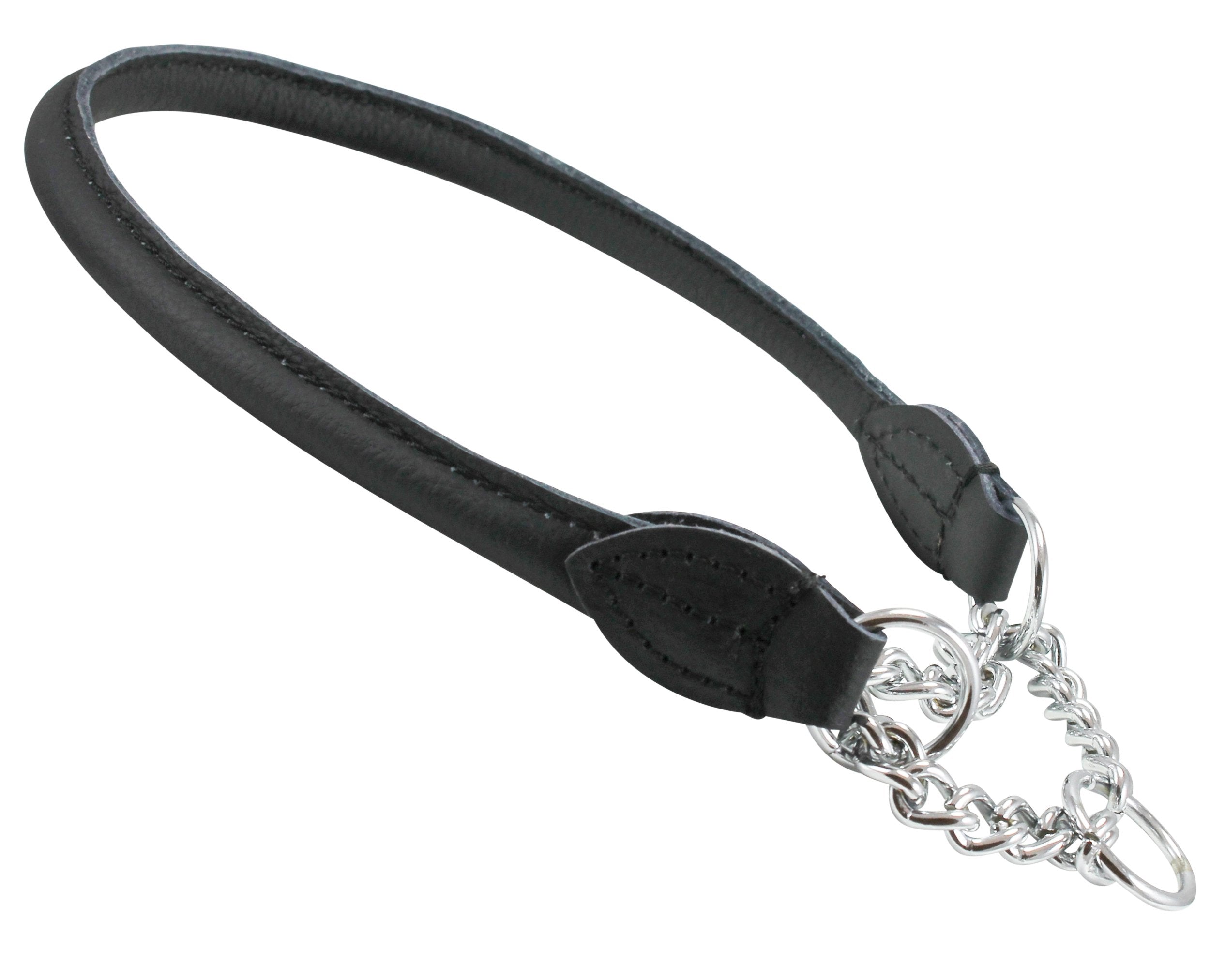 Rolled Genuine Leather Martingale Dog Collar Choker Black 7 Sizes (#6 - Neck Circumf.15.5'-17.5')