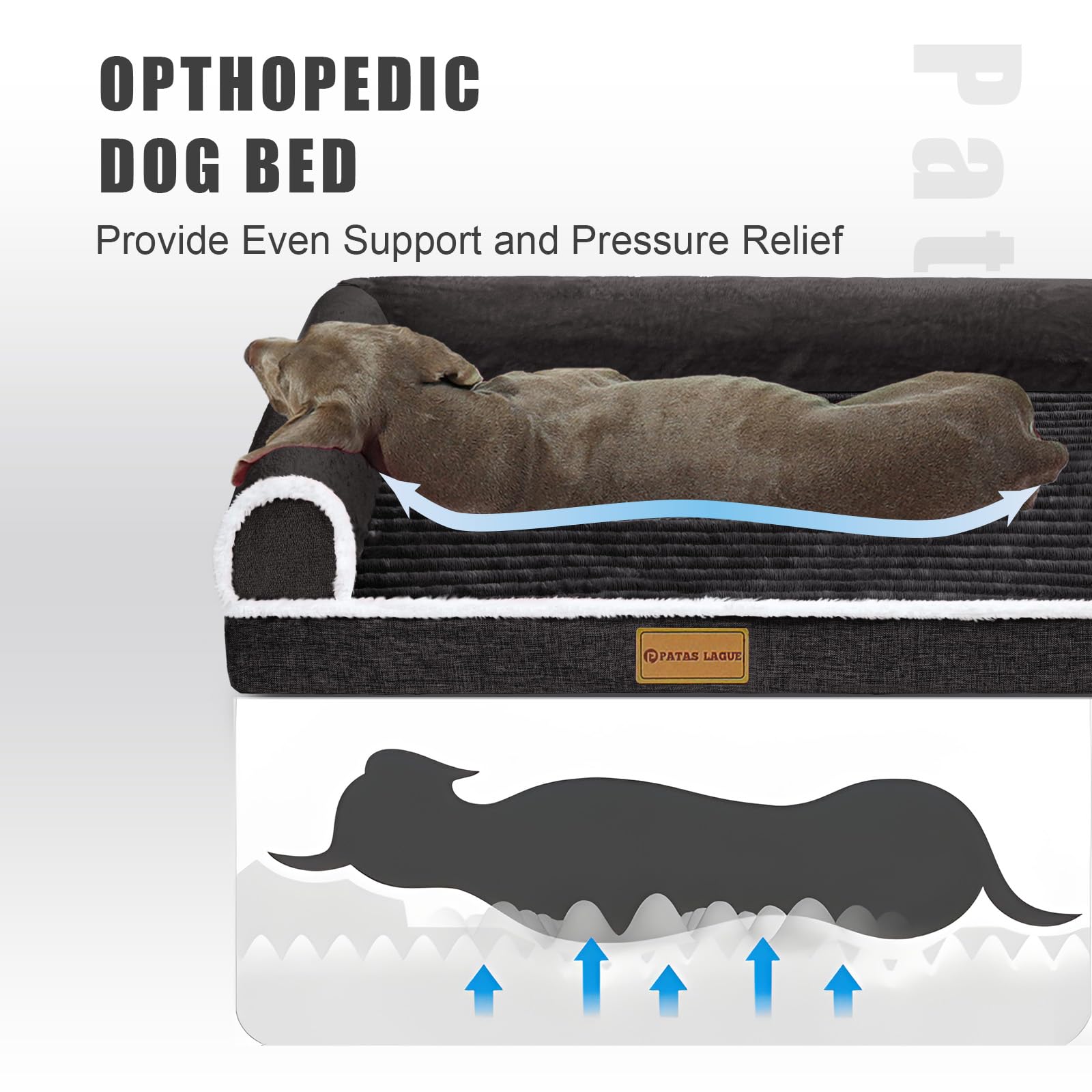 Patas Lague Orthopedic Dog Bed for Large Dogs Waterproof Comfortable L Shaped Medium Non-Slip Soft Warm Pet Sofa Sleep Bed mat w