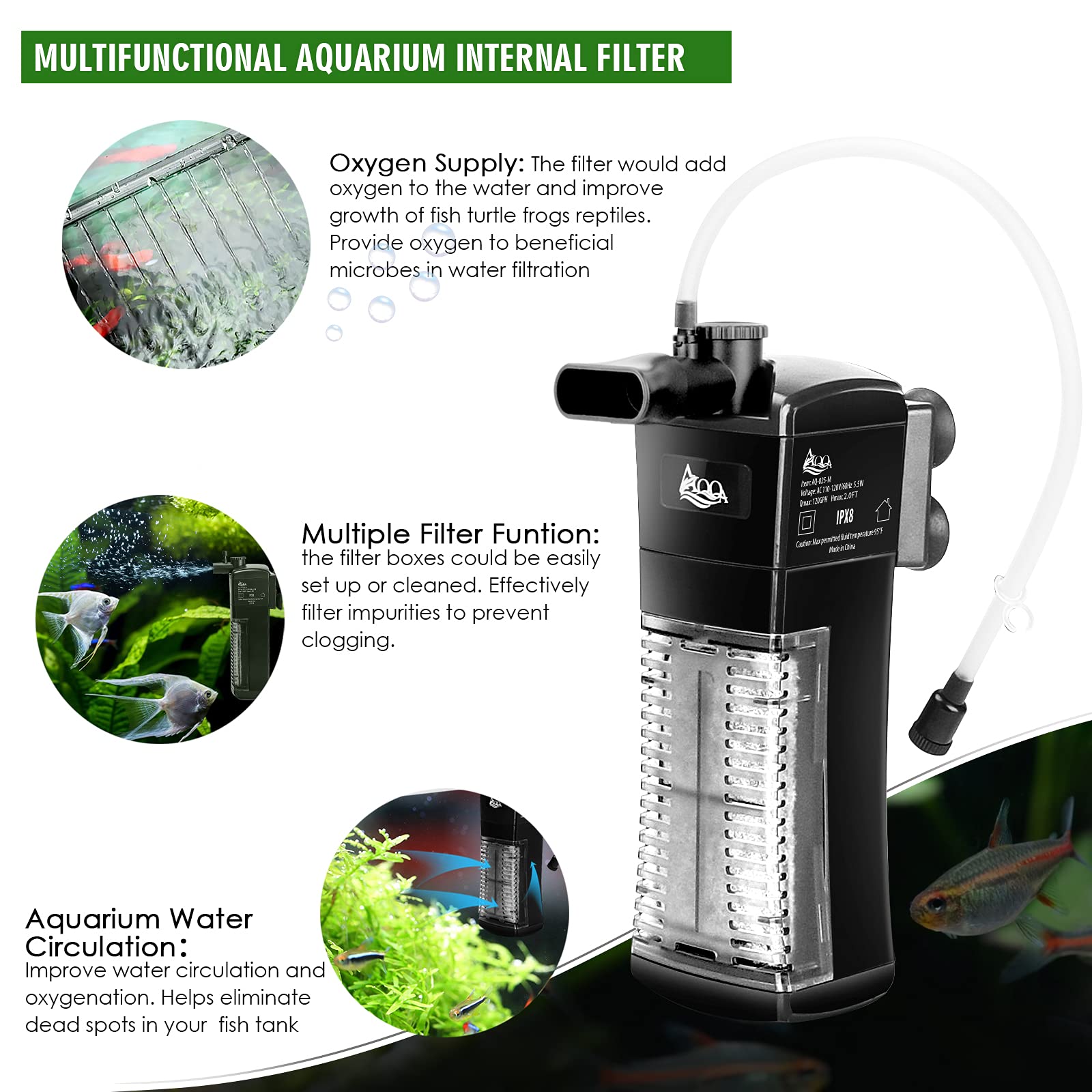 Aqqa Aquarium Internal Filter Submersible Power Filter In-Tank With Adjustable Water Flow, Ultra Silent Sponge Filter For Fish T