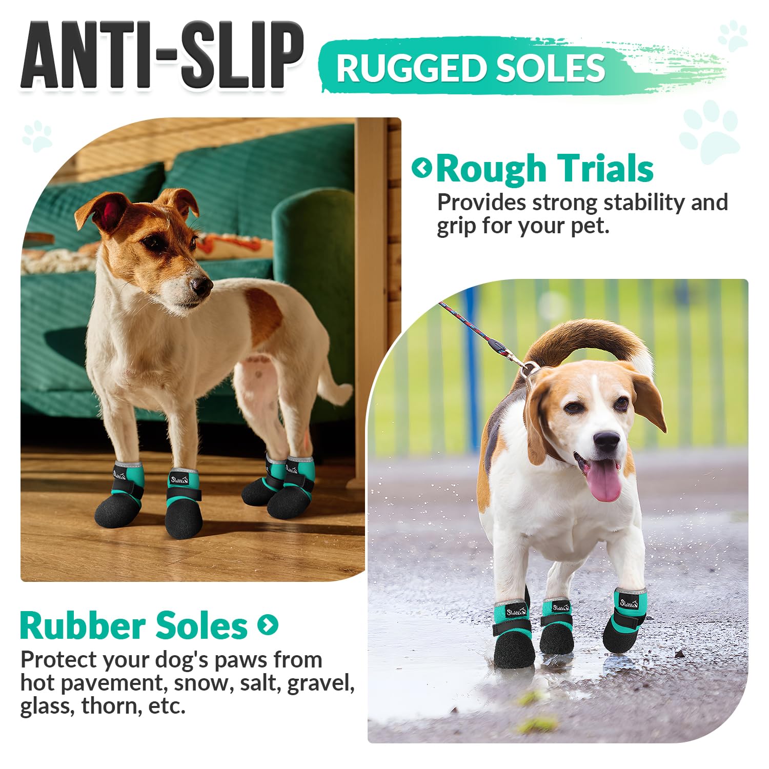 SlowTon Dog Shoes - Waterproof Sock Boots for Small to Large Dogs, Non-Slip, Teal, Size #5 (2.21-2.37")