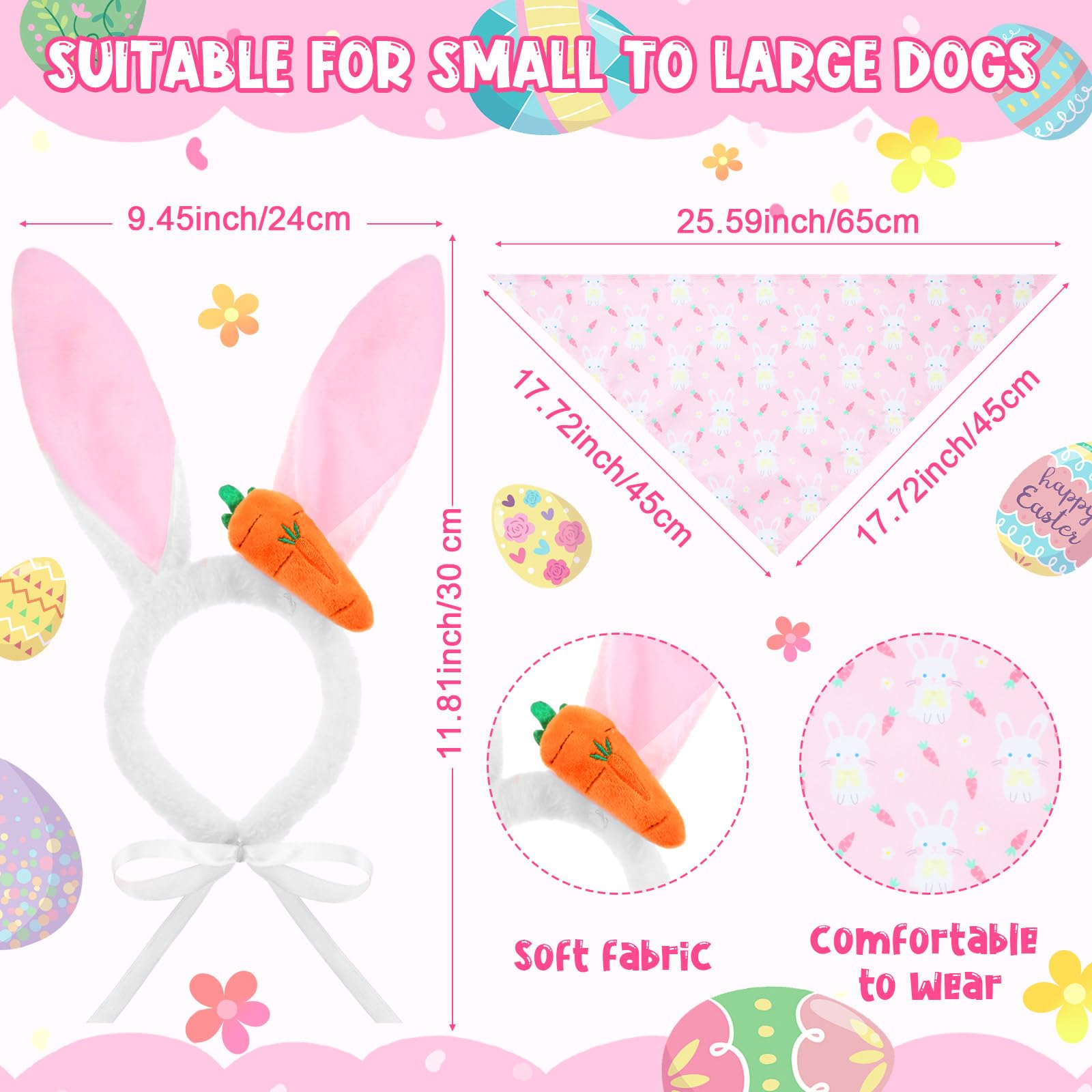 Siltriangle 16 Pack Dog Easter Outfit Including 8 Bunny Ears Headband And 8 Easter Dog Bandana Four Colors Bunny Ears Pet Bandan