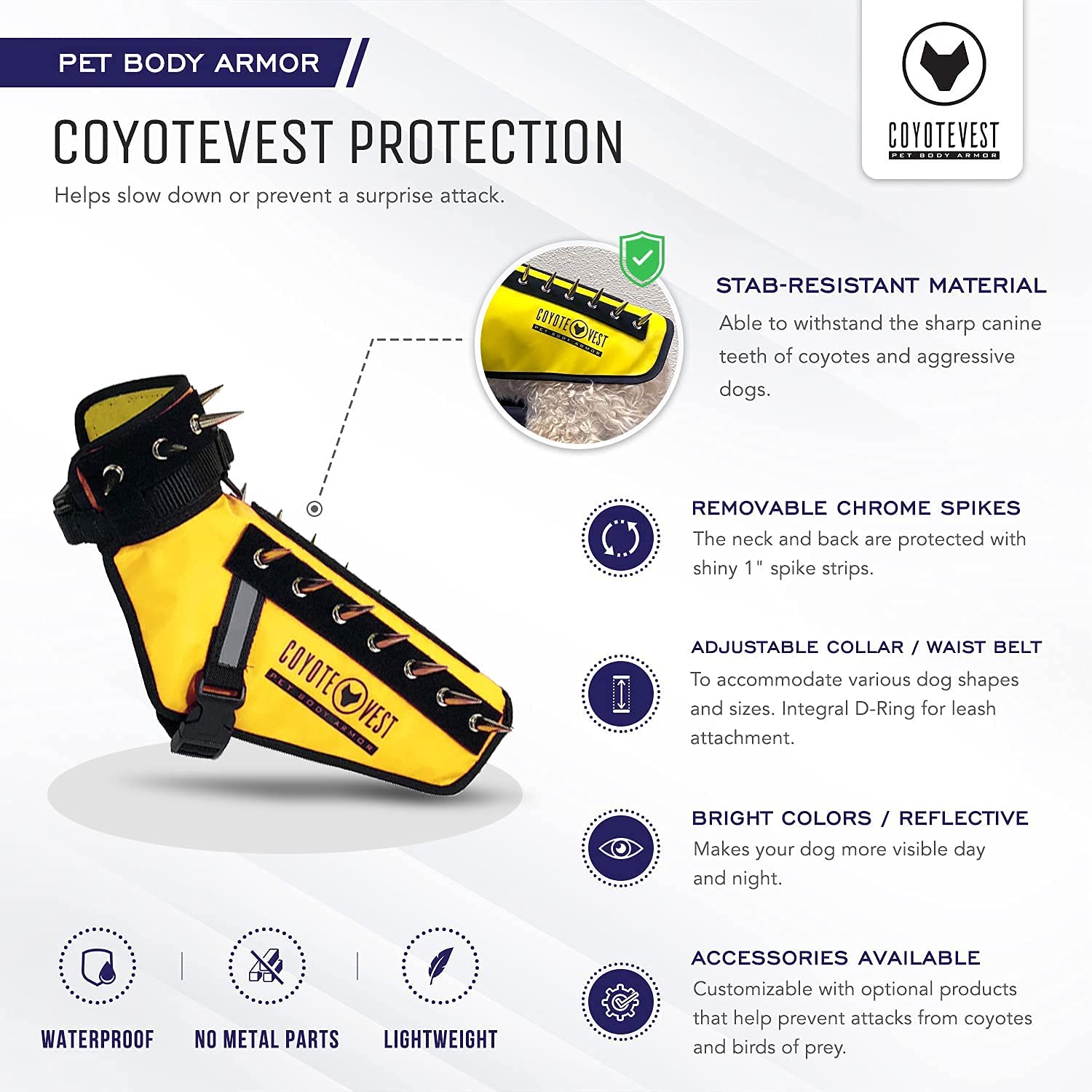 CoyoteVest Dog Harness Protection Vest, Reflective Dog Accessories with Spikes to Shield Your Pet from Raptor and Animal Attacks, Proudly Made in America (Large, Yellow) -Like New