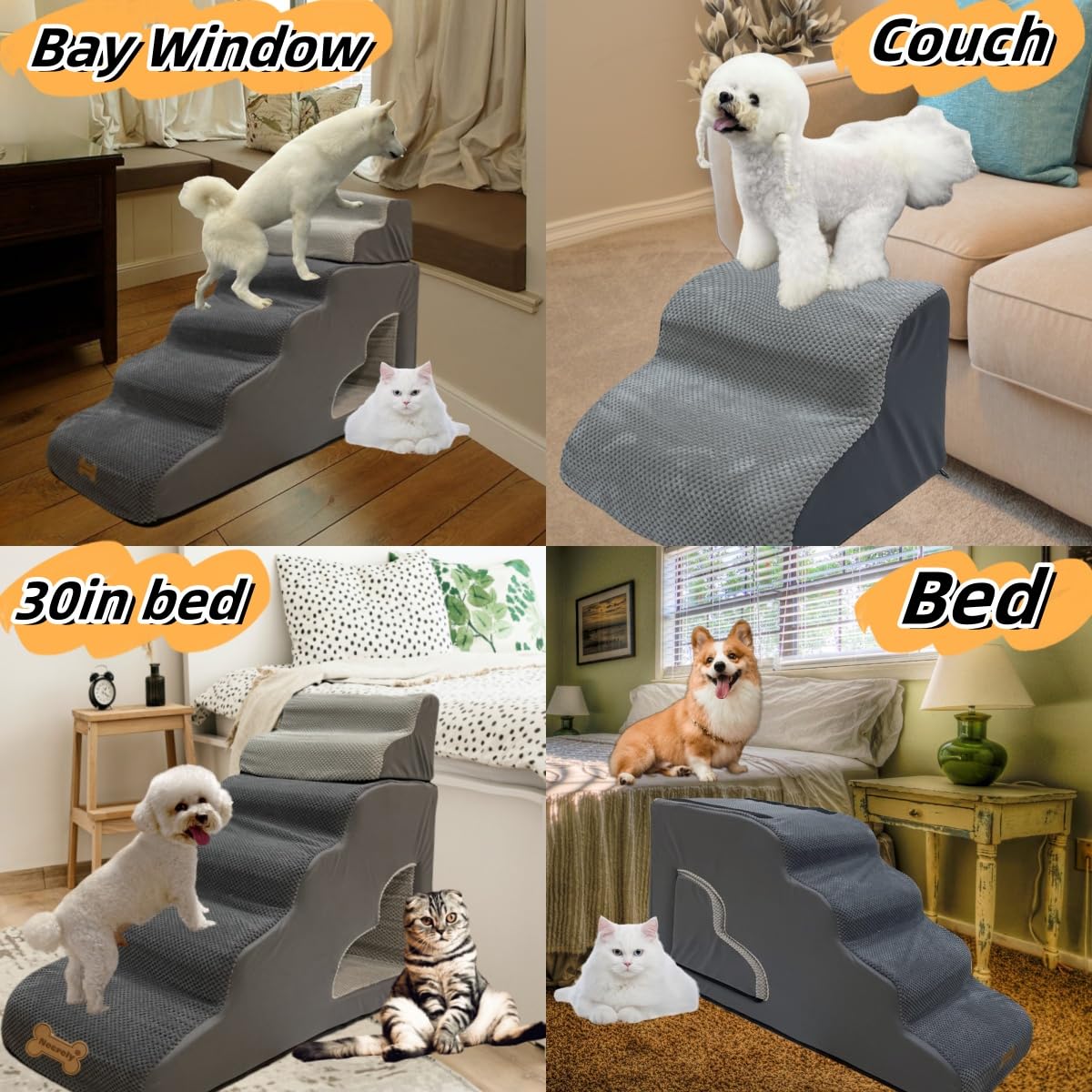 Dog Stairs For Small Dogs To 30 Inches High Beds, 6 Step Dog Ramp Stair For 18-36 Inches Couch-Bed,Pet Stairs For Small Old Medu