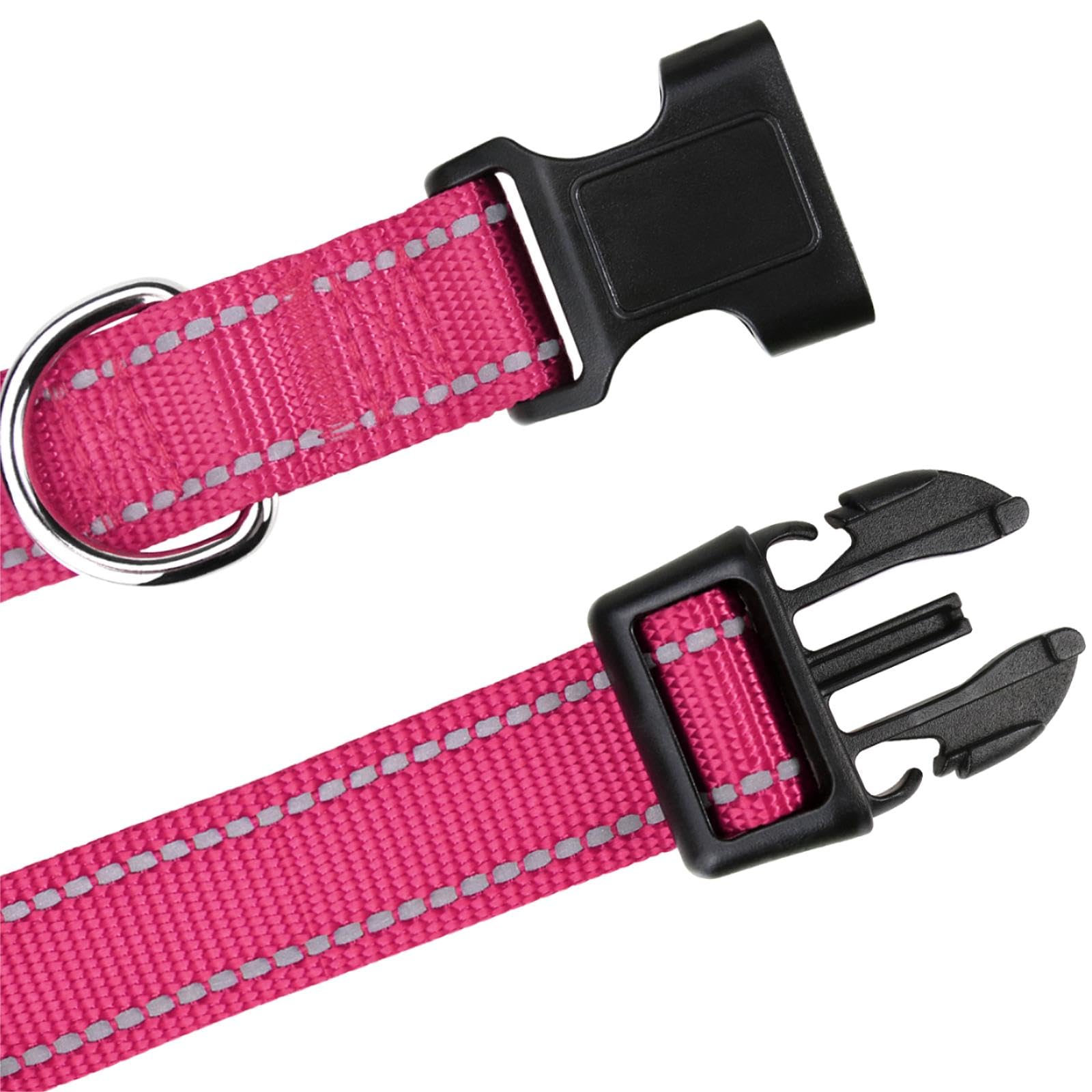 Tagme Reflective Nylon Dog Collars, Adjustable Classic Dog Collar With Quick Release Buckle For Puppy, Hot Pink, 3/8' Width