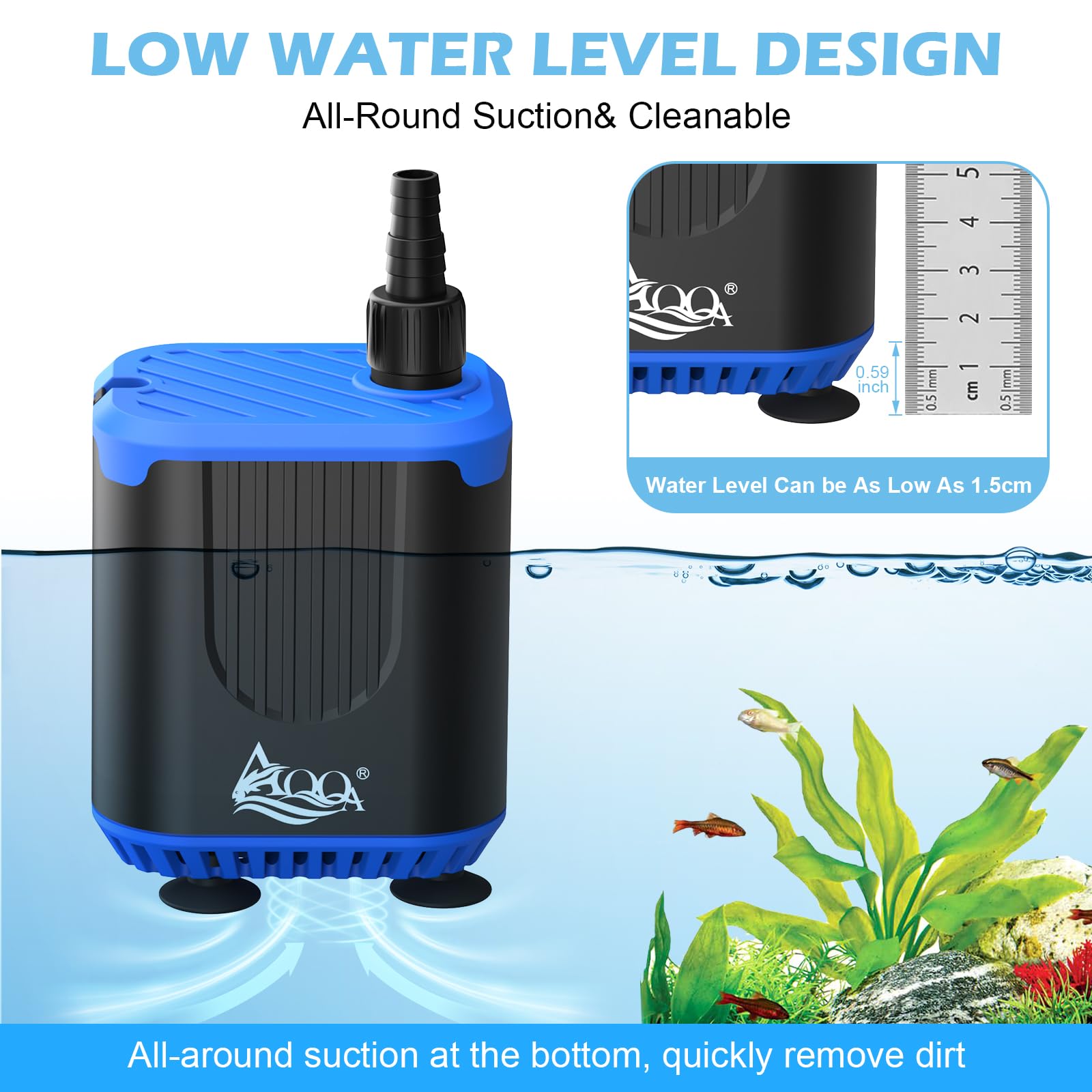 AQQA DC Aquarium Water Pump with Controller,4 Flow Adjustable,Feed Mode,IP68 Submersible Quiet Fish Tank Pump,3 Nozzles for Pond