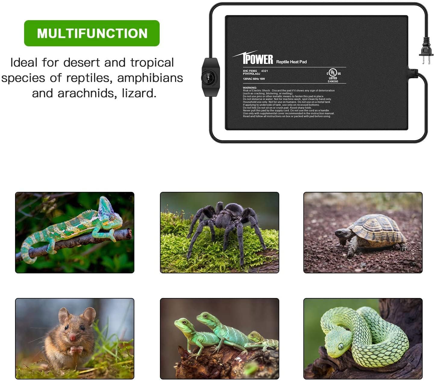 Ipower 8X12 Inch Reptile Heating Pad With Adjustable Controller Knob, Under Tank Heater Mat For Turtles, Lizards, Snakes, Amphib