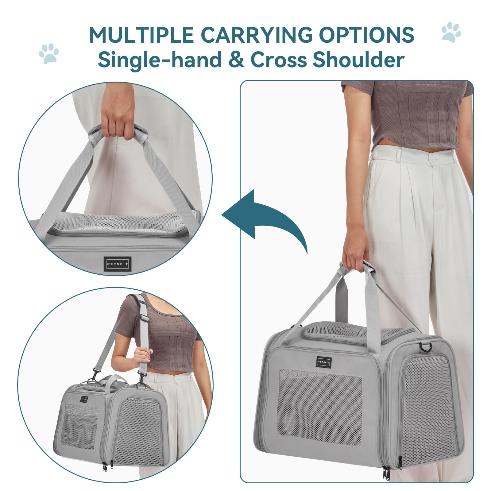 Petsfit Dog Carrier Cat Carriers For Puppies, Medium Cats Up To 25Lbs, Travel Soft Sided Pet Carrier (Large, Grey)