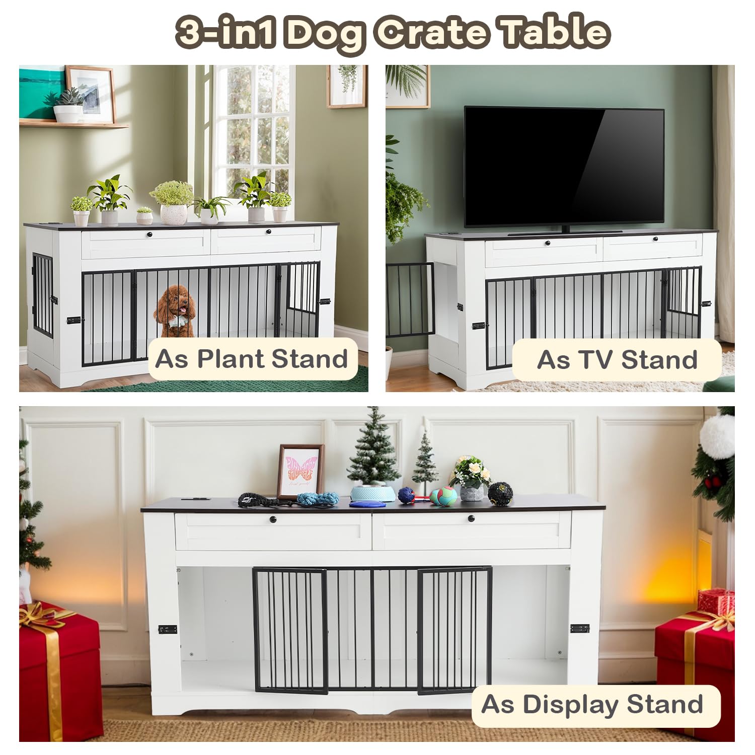Dog Crate Furniture TV Stand with Charging Station-47.24  Heavy Duty Dog Kennel Furniture tv Table with 2 Drawers Storage,Indoor