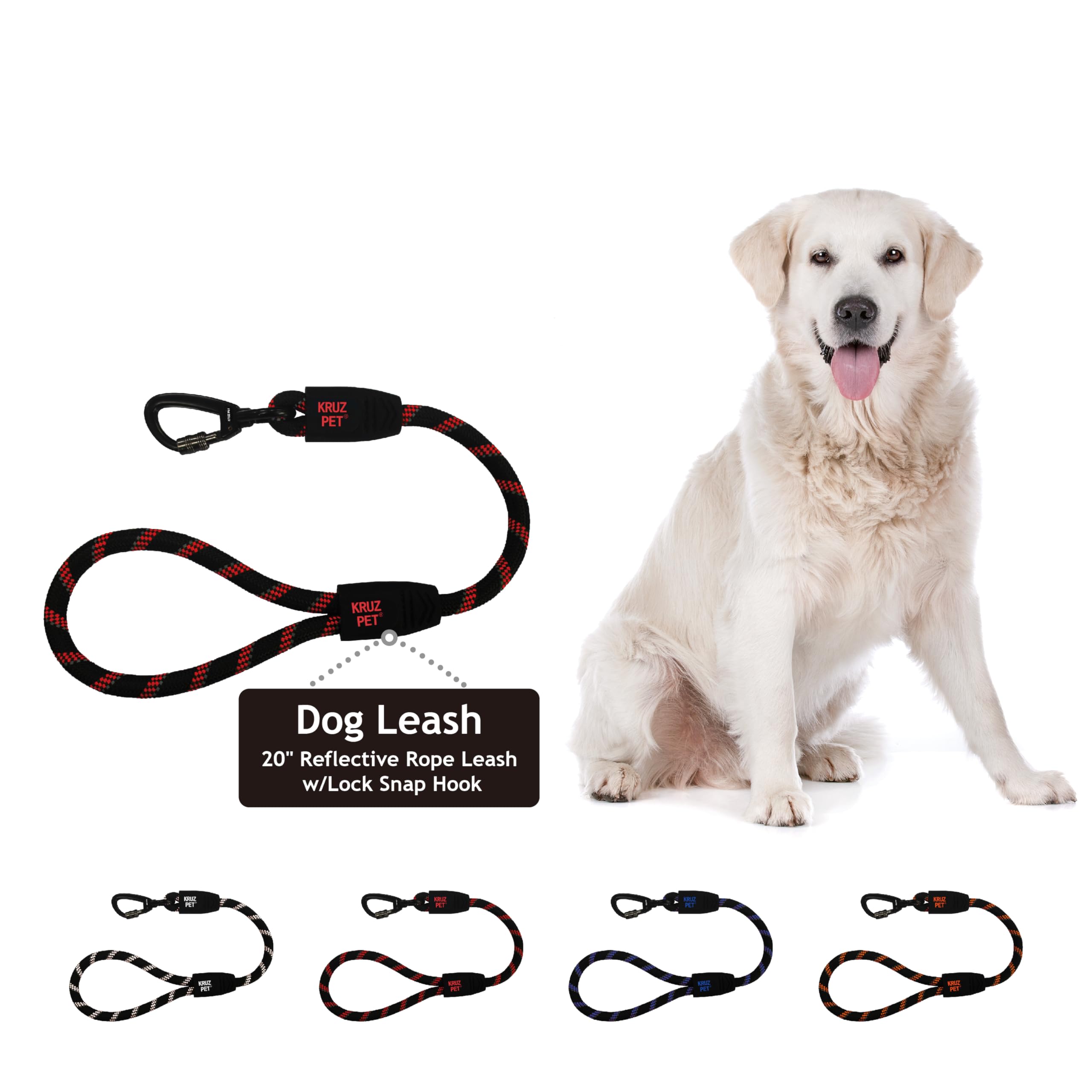 Kruz Short Traffic Leash - Kzrope5020-03L - Soft Silicone Grip - Click & Lock Snap - Heavy-Duty Reflective Dog Rope For Security
