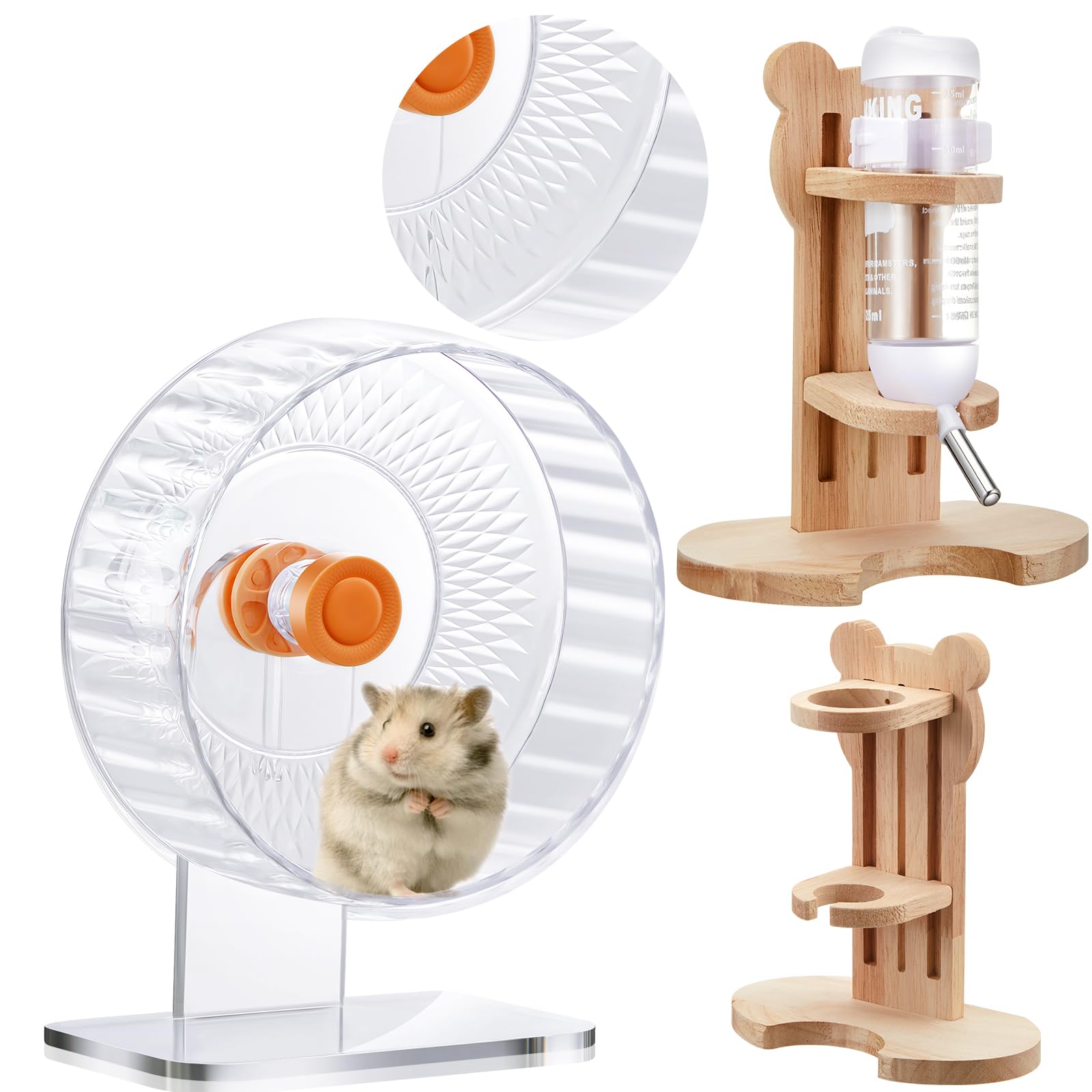 Sonwyoung 2 Pcs 9 Inch Transparent Adjustable Silent Hamster Exercise Wheels And Hamster Water Bottle Set Guinea Pig Running Whe