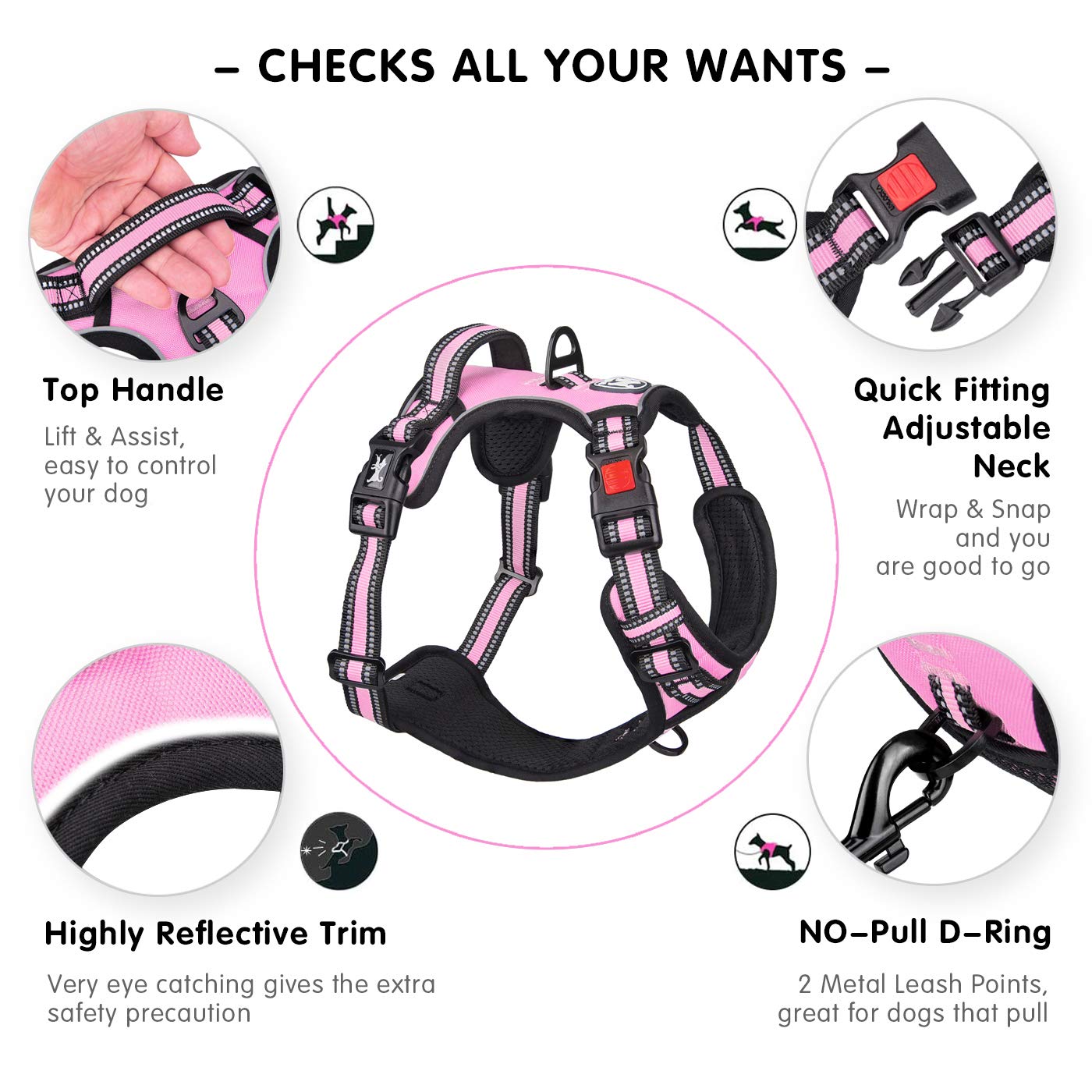 Poypet No Pull Dog Harness, [Release On Neck] Reflective Adjustable No Choke Pet Vest With Front & Back 2 Leash Attachments, Sof