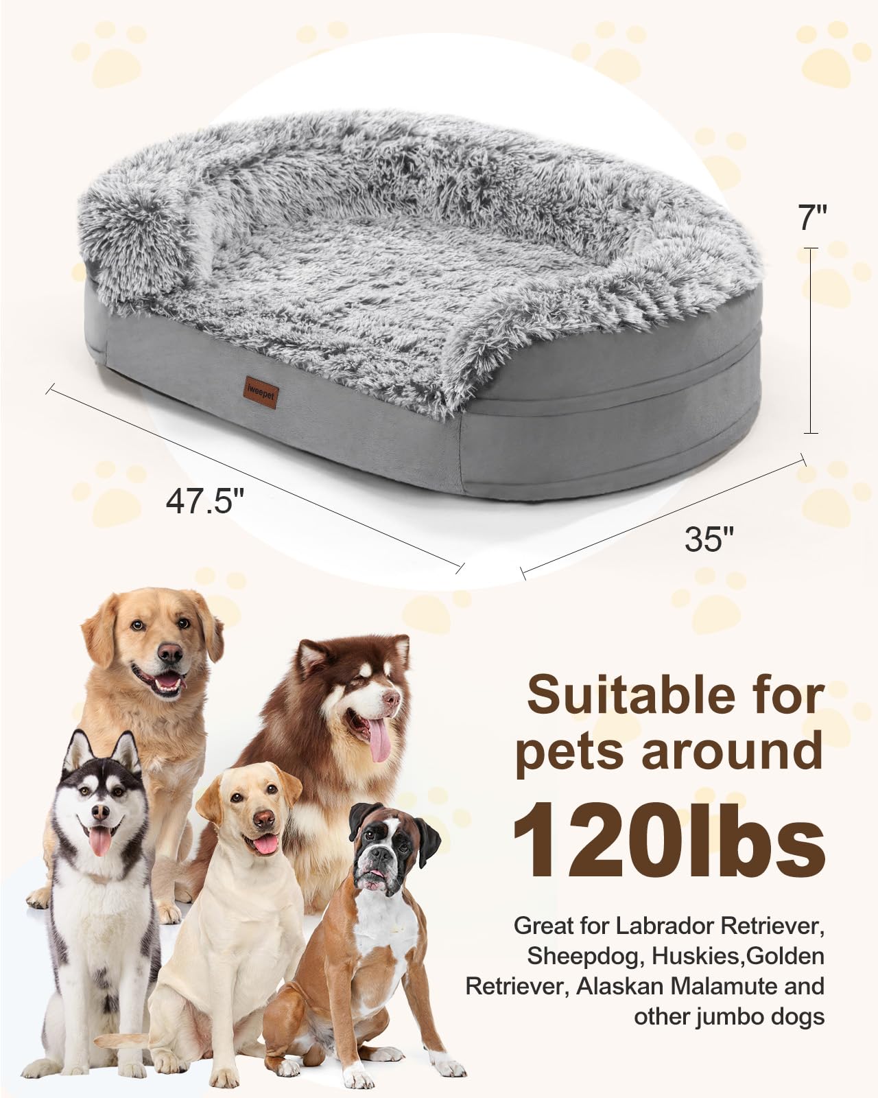 iweepet Dog Beds for Jumbo Dogs, 47.5x35x7.6, Removable and Washable Cover, Raised Reboundable Edges, Non Slip Bottom, Extra Big