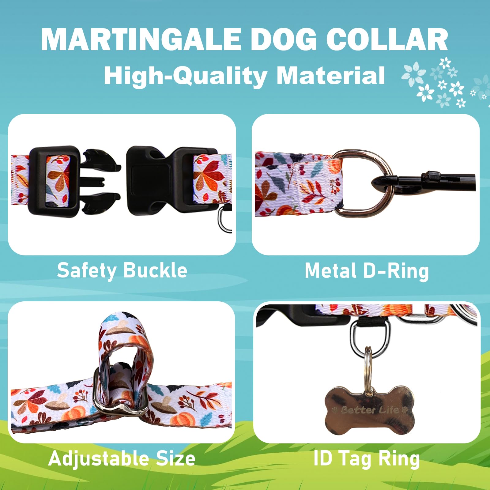 Fidohug Martingale Collar for Dogs Fall Dog Collars for Small Medium Large Dogs with Buckle Adjustable Soft Nylon Dog Collar (Mu