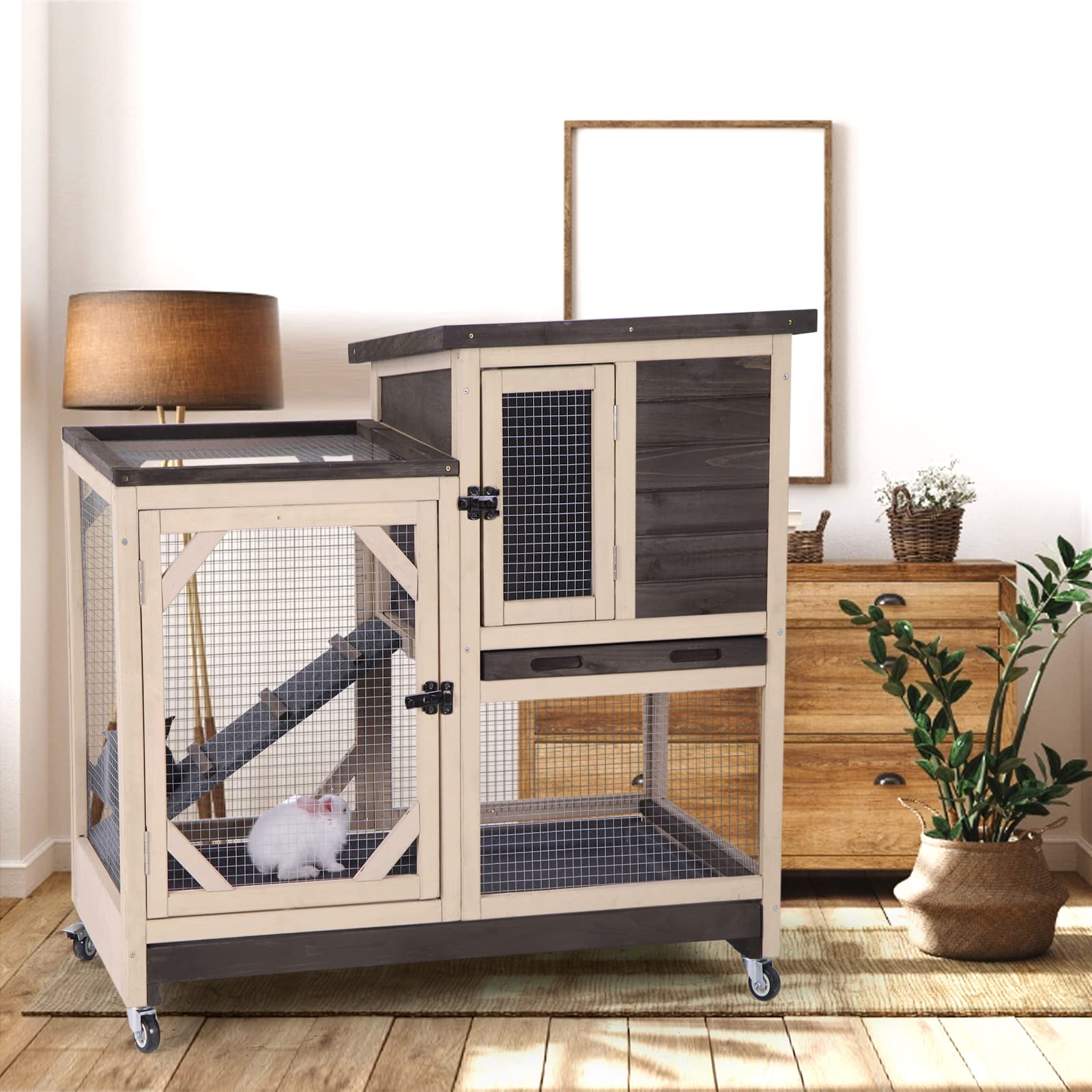 Rabbit Hutch Cage Outdoor And Indoor Bunny Hutch On Wheels With Two Deeper No Leak Trays, Guinea Pig Cages Rabbit House (Coffee 