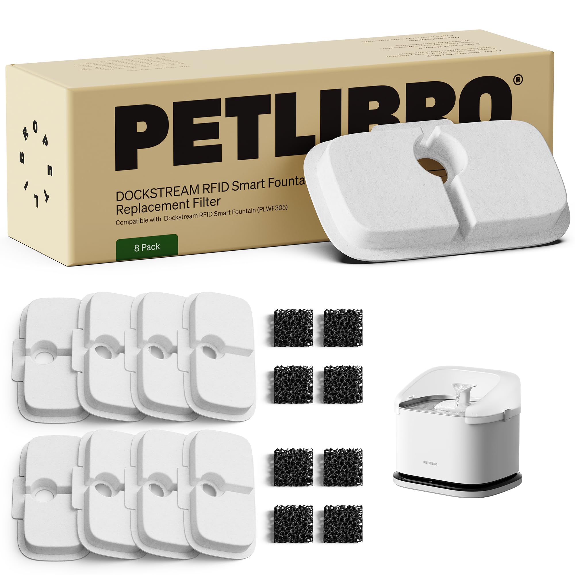 Petlibro 8-Pack Filters For Dockstream Rfid Smart Cat Water Fountain Plwf305, 4-Month Set Of Replacement Filters For Ultra-Quiet