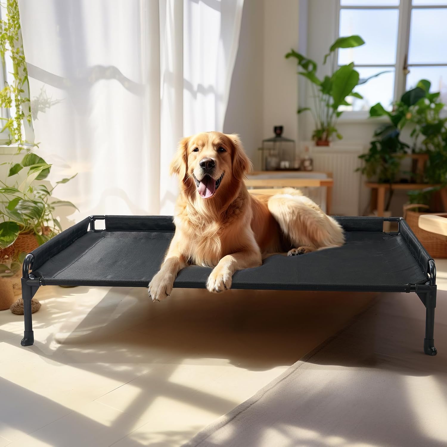 Veehoo Elevated Raised Dog Bed-Cooling Outdoor Dog Cots for Large Sized Dogs Three-Sided Fence Raised Pet Cot with Durable & Bre