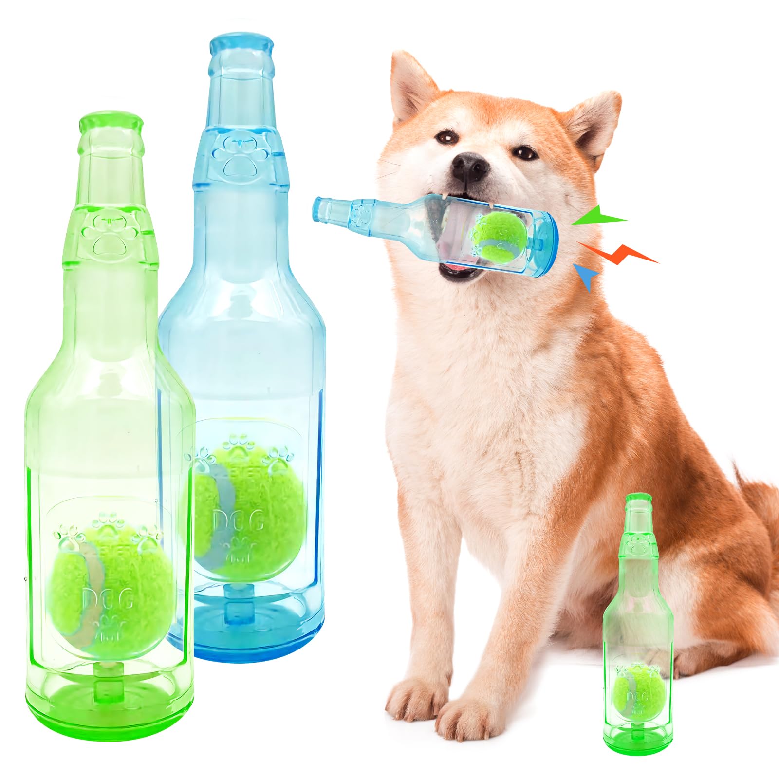 Aerbee 2Pcs Crunchnplay Bottle Toy For Dogs, Interesting Squeaky Dog Toys, 9.6' Rubber Water Bottle Toys With Tennis Ball, Pet 