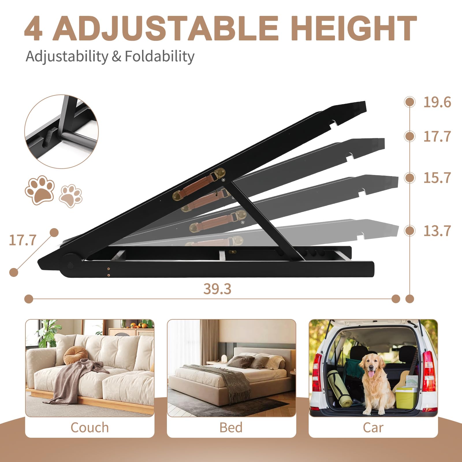 SLSY Antislip Dog Ramp for Small & Large Old Dogs & Cats, 4-Position Adjustable and Foldable Pet ramp for Bed/Couch/Car, Support