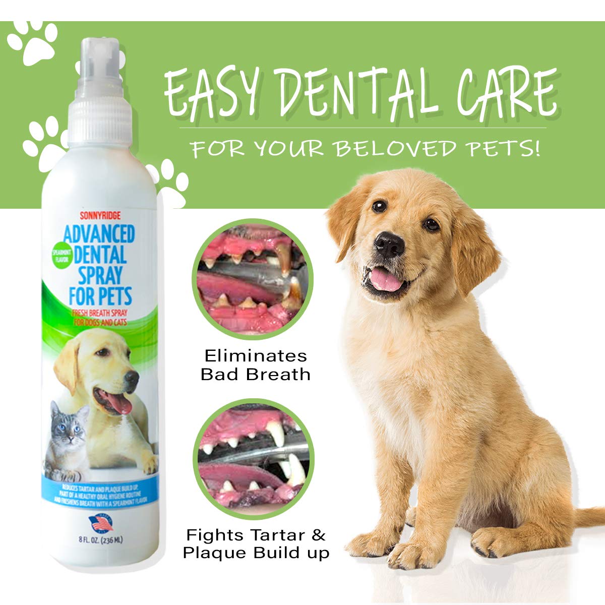 Sonnyridge Dog Dental Spray Removes Tartar, Plaque and Freshens Breath Instantly. The Most Advanced Dental Spray for Healthy Tee