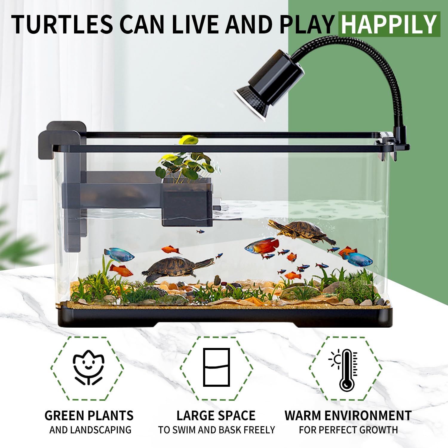 (Tank + Light + Filter Balls) Turtle Tank Kit, Turtle Tank Starter Kit,Bottom Drainage, Multi-Function Areas For Turtles, Crabs,