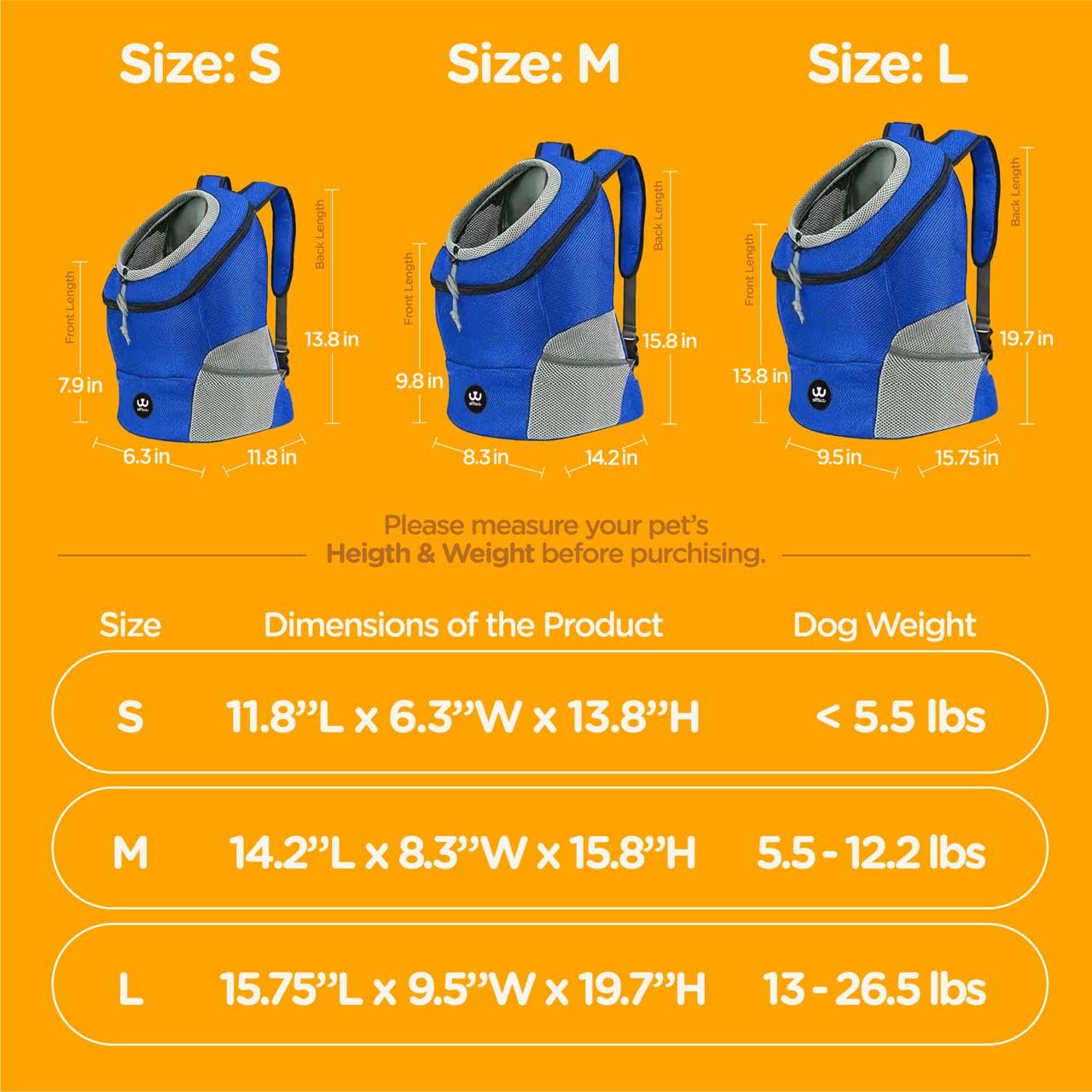 wuffie pet Carrier Backpack for Small, Medium and Large Dogs, Adjustable Breathable Oxford Fabric with mesh Window and Safety Be