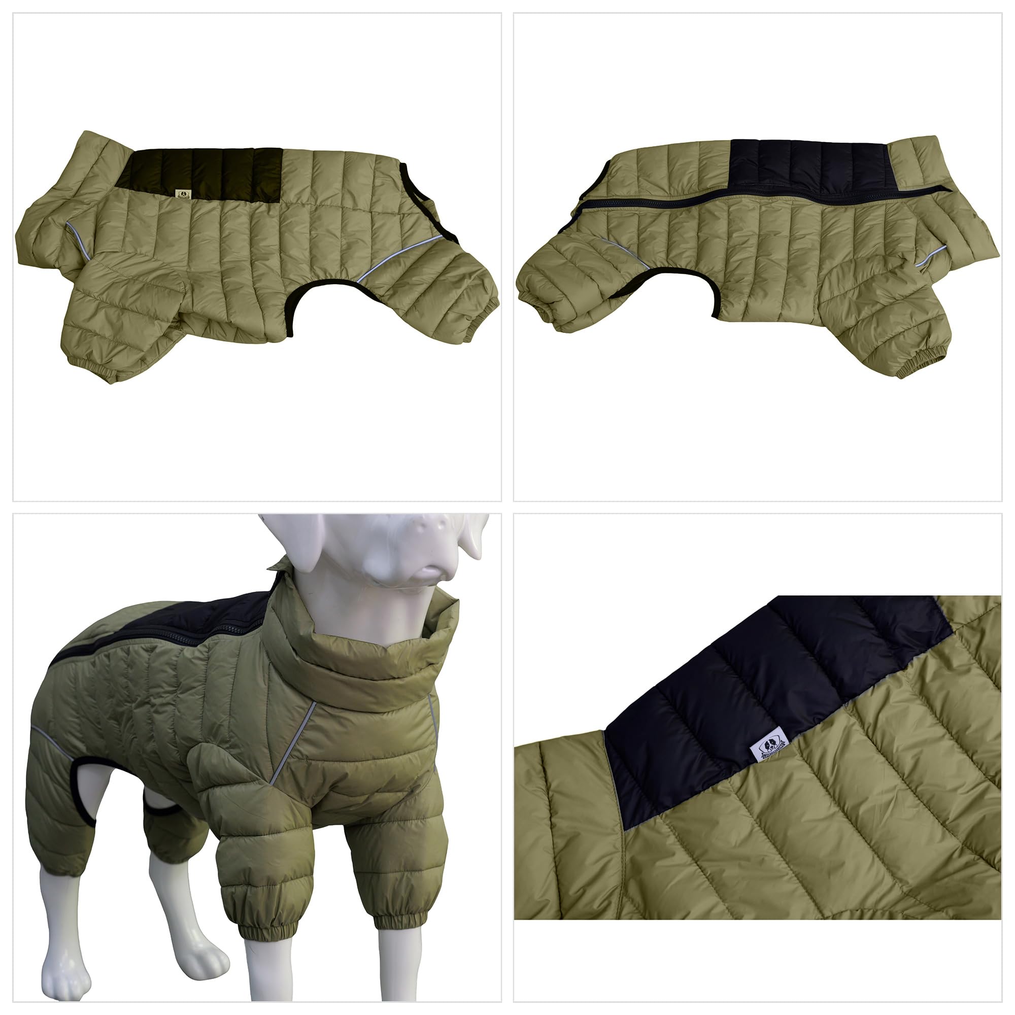 Olive Green Dog Jacket, 4 Legs Covered Waterproof Windproof Reflective Warm Vest, Zippered Adjustable Outdoor Snow Jacket for Sm