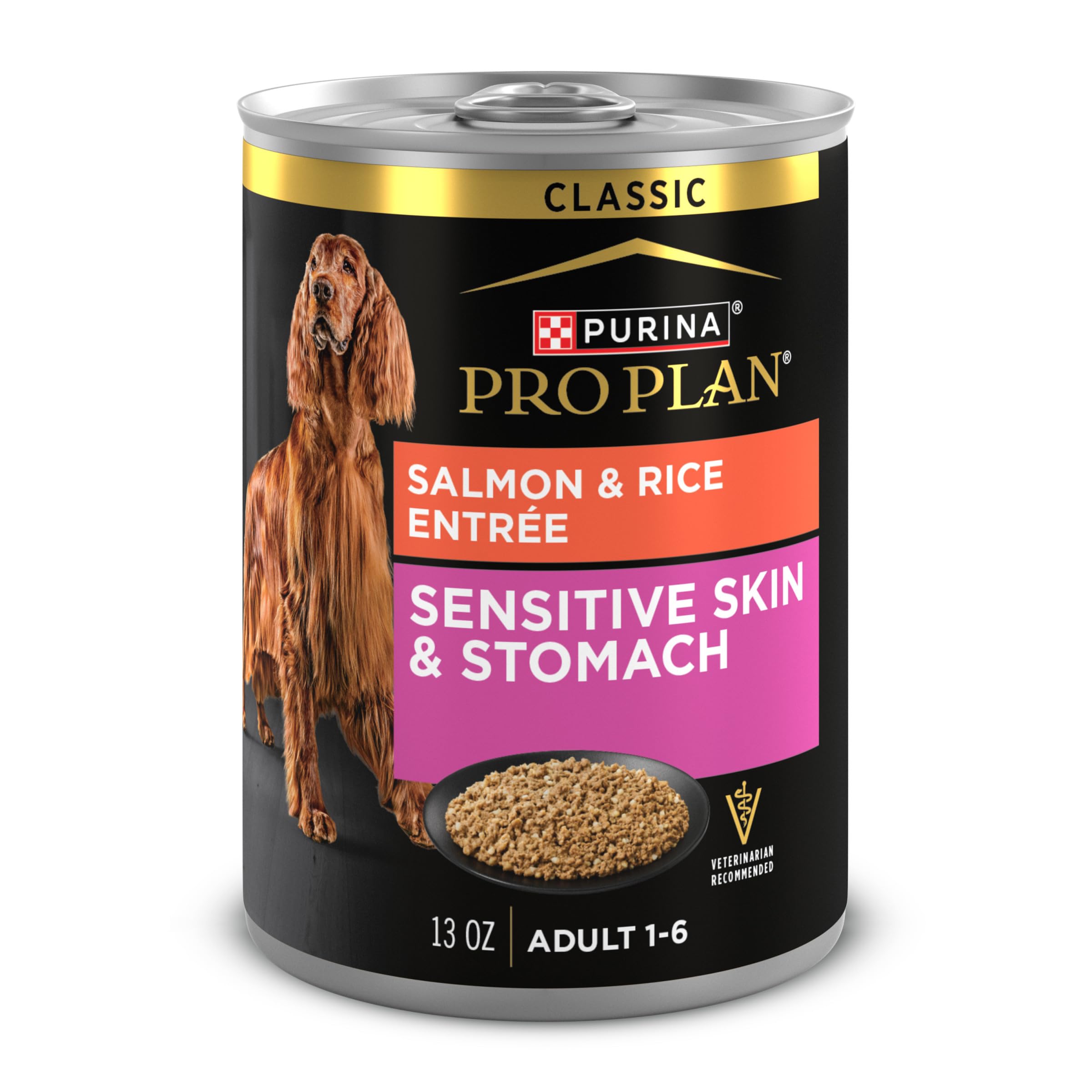 Purina Pro Plan Sensitive Skin and Stomach Dog Food Wet Classic Pate Salmon and Rice Entr  e - (Pack of 12) 13 oz. Cans
