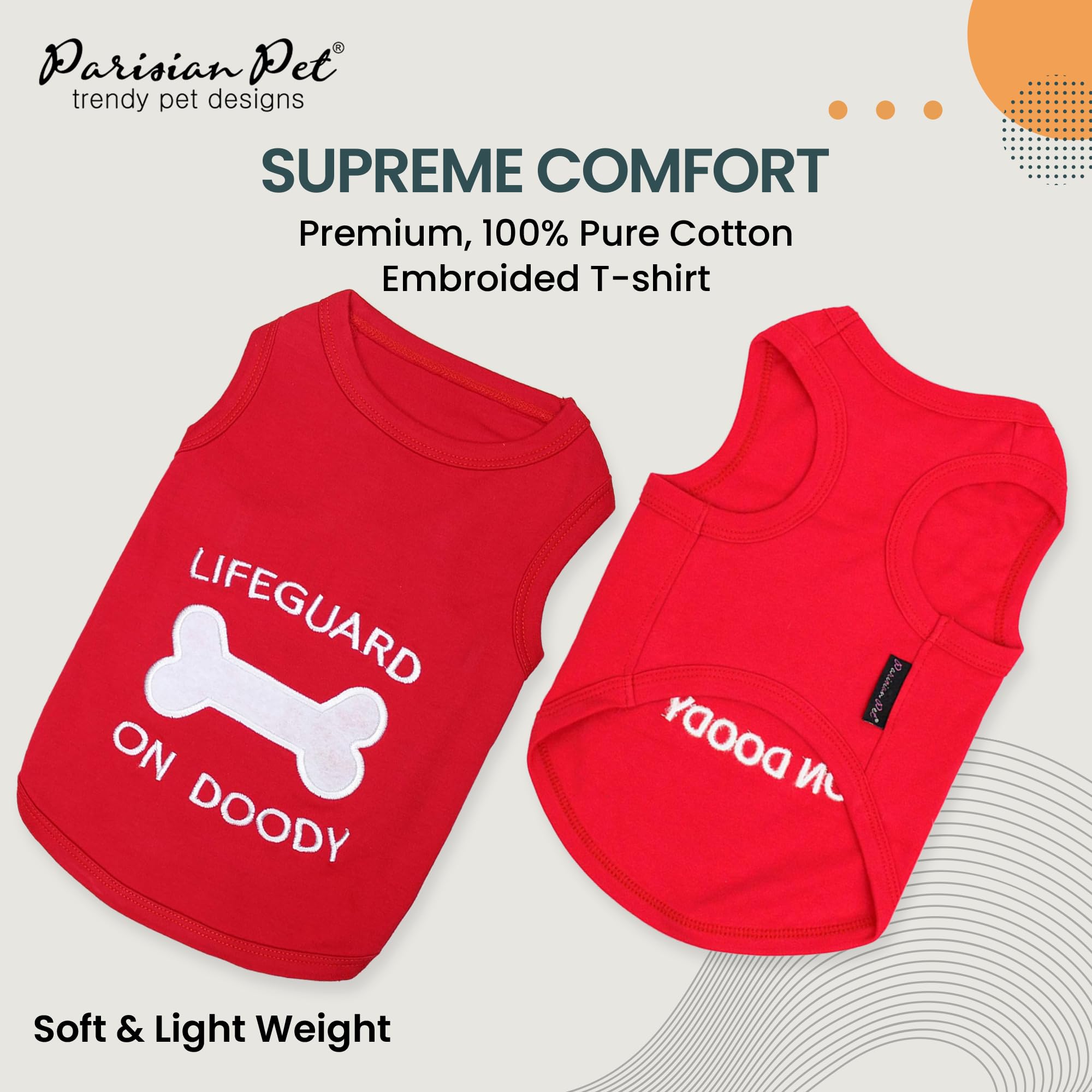 Parisian Pet Dog Tshirt - Embroidered  Lifeguard On Doody  Boy Dogs Apparel - Pure Cotton And Lightweight Dog Clothes - Red Dogg