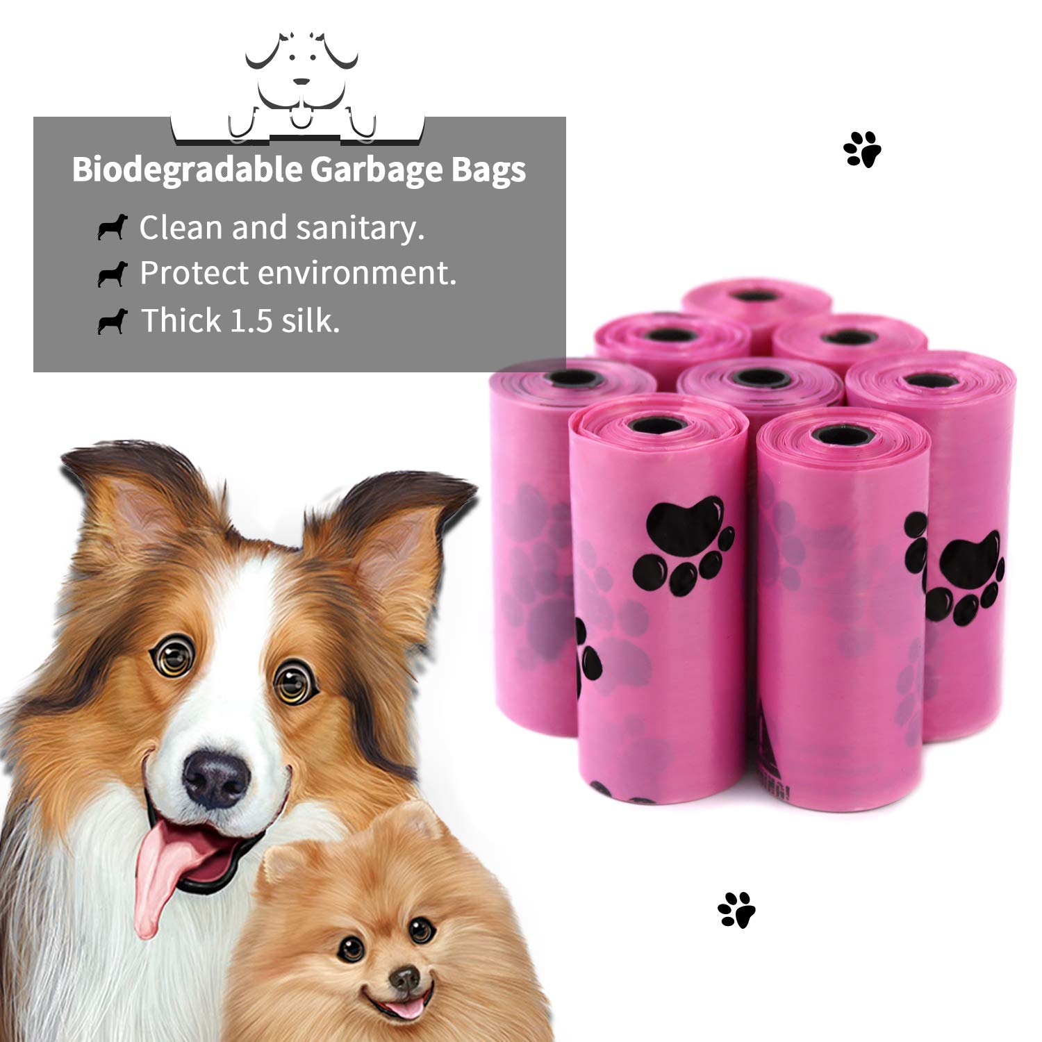 Dog Poop Bags Dispenser With Carabiner Clip, Doggy Poop Bag Holder Include 1Roll (15 Bags) Leak-Proof Large Doggie Pet Waste Bag