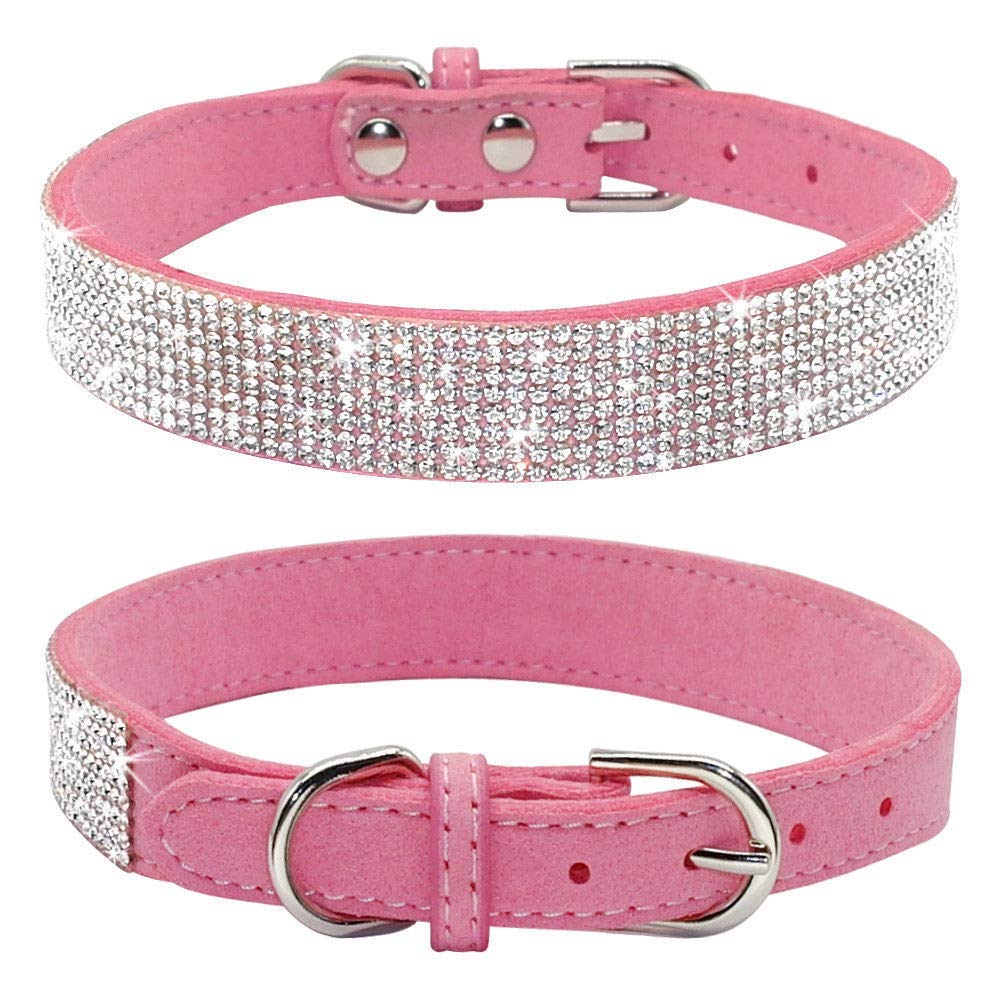 Haoyueer Rhinestone Dog Collar, Cute Dazzling Sparkling Soft Suede Leather Dog Cat Rhinestone Collar Crystal Diamond Pet Dog Puppy Collar(Pink,L 38-46 Cm)