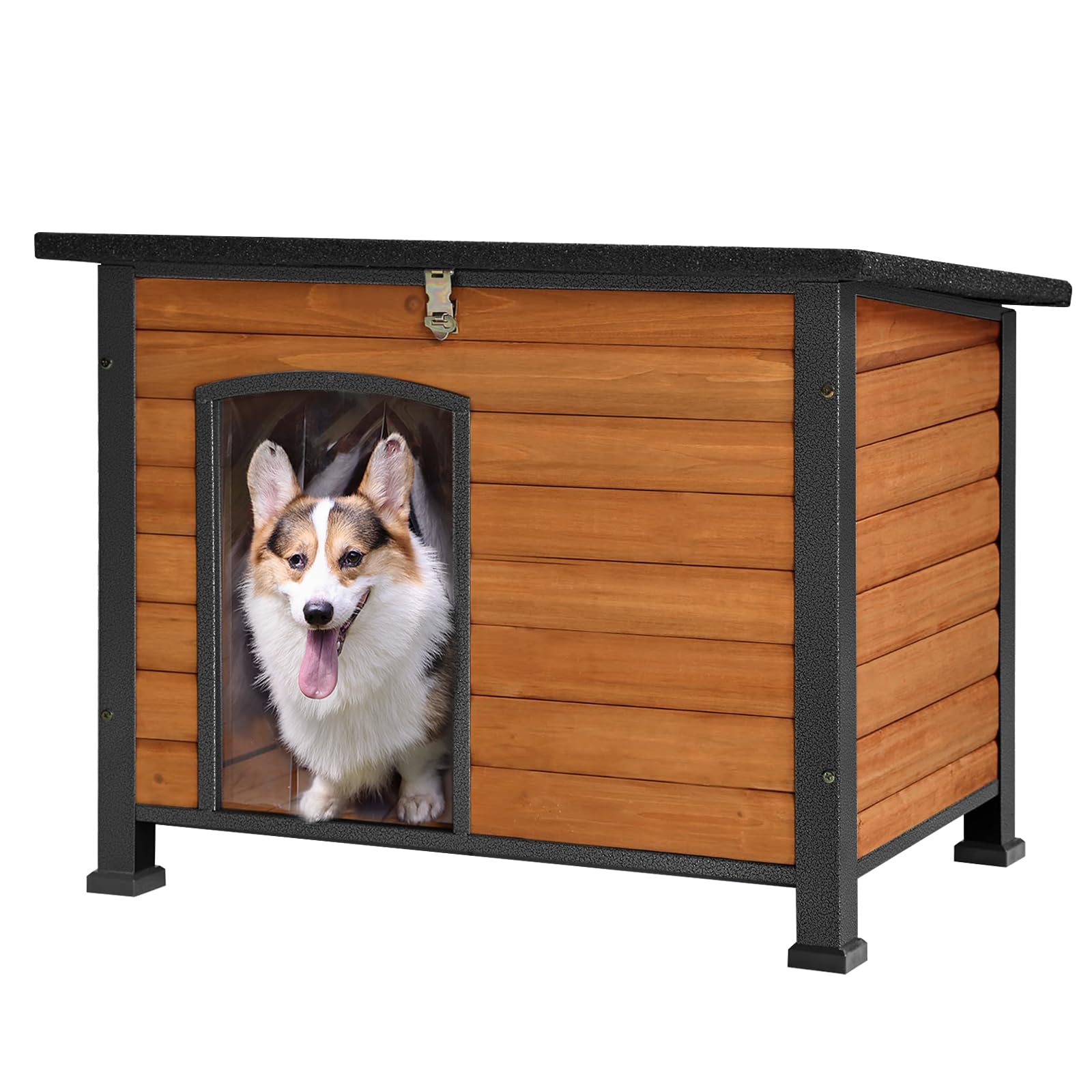 Gutinneen Chew Proof Dog House With Metal Iron Frame Outdoor Dog Kennel For Small Medium Large Indoor Dog Cage (33.5'' L,Brown C